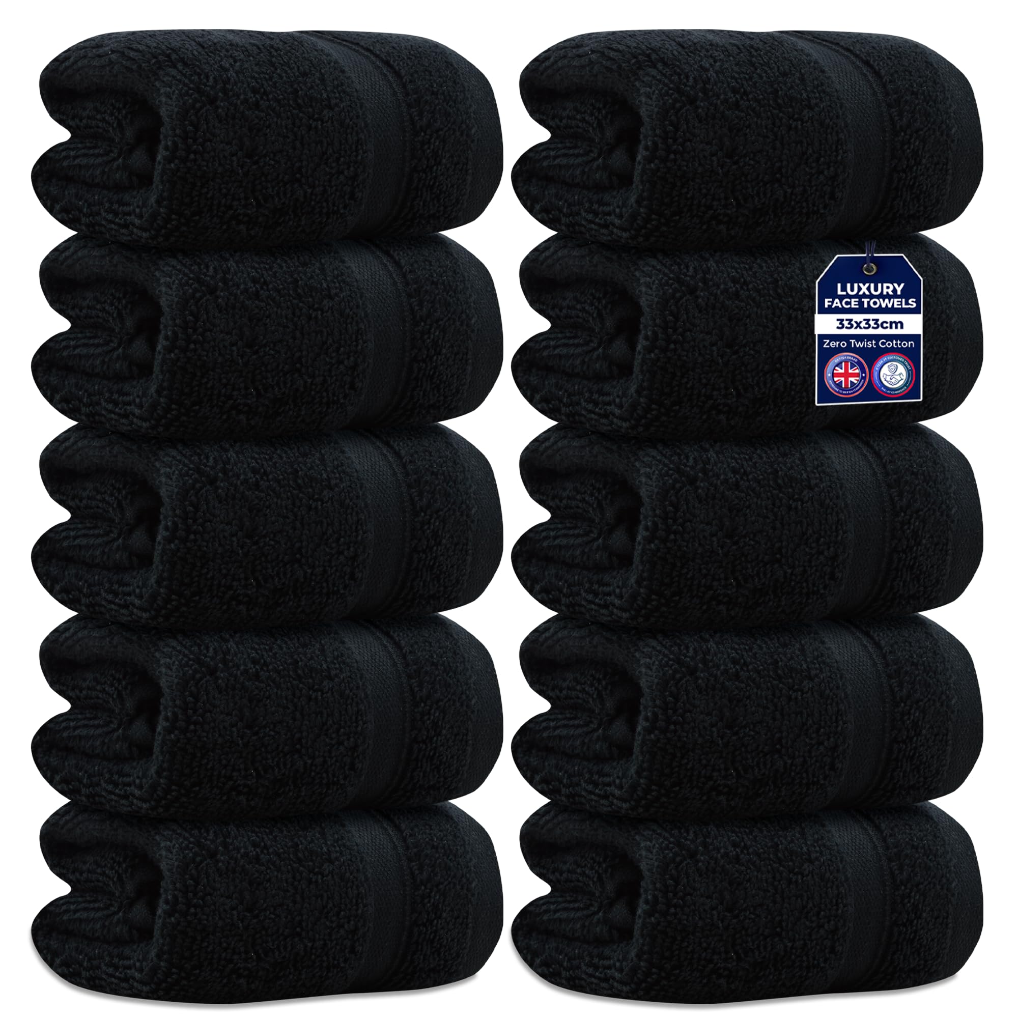 Towelogy Pack Of 10 Face Cloths 33x33cm - 100% Zero Twist Cotton Washcloths Absorbent & Super Soft Hotel Quality Towels | Oeko-Tex Certified (10, Noir Black)