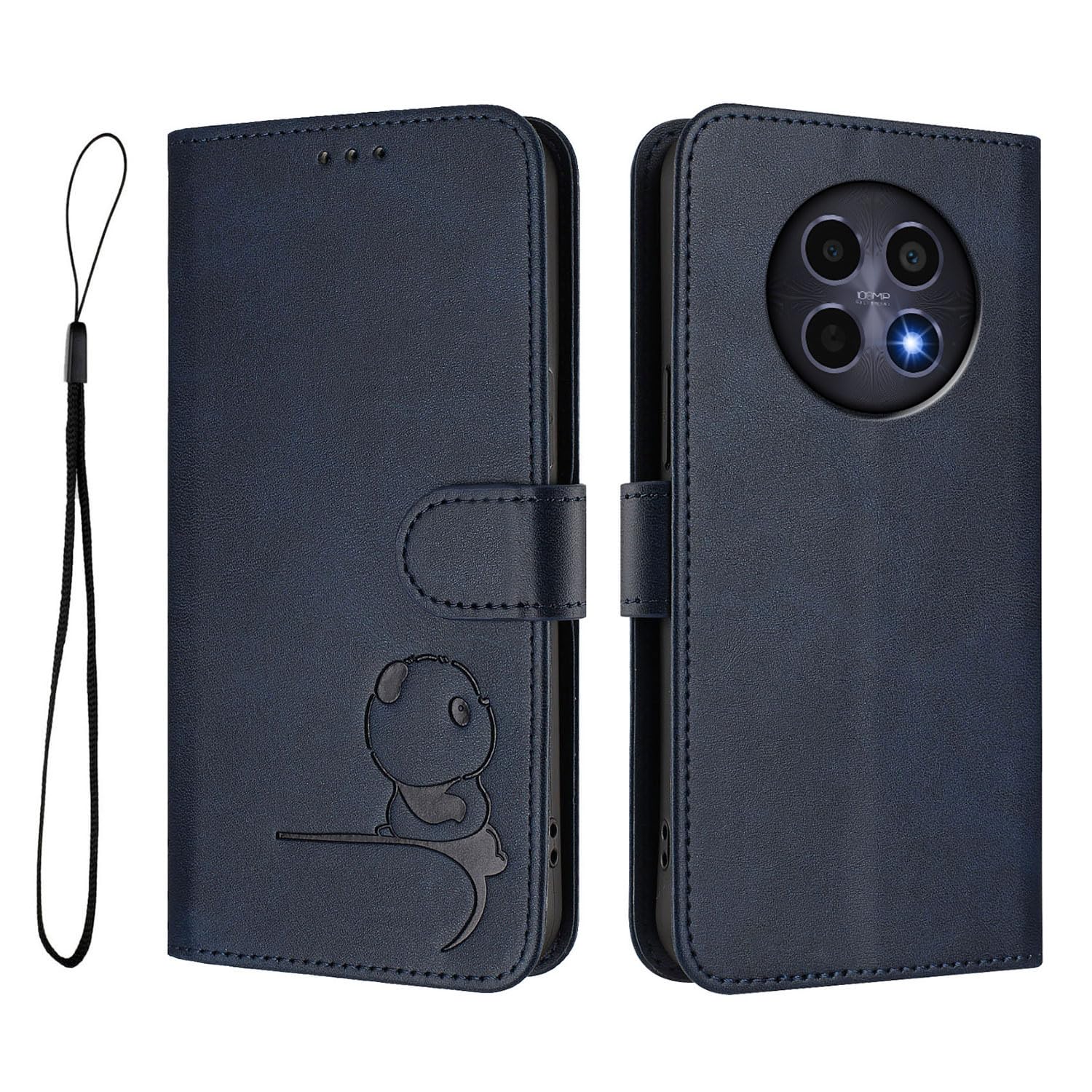 Leather Case Compatible With Realme 12 5G Cover, Panda Leather Wallet Flip Kickstand Phone Case with Card Holders Wrist Strap Shockproof Protection Cover for Realme 12 5G Shell for Women (Blue)