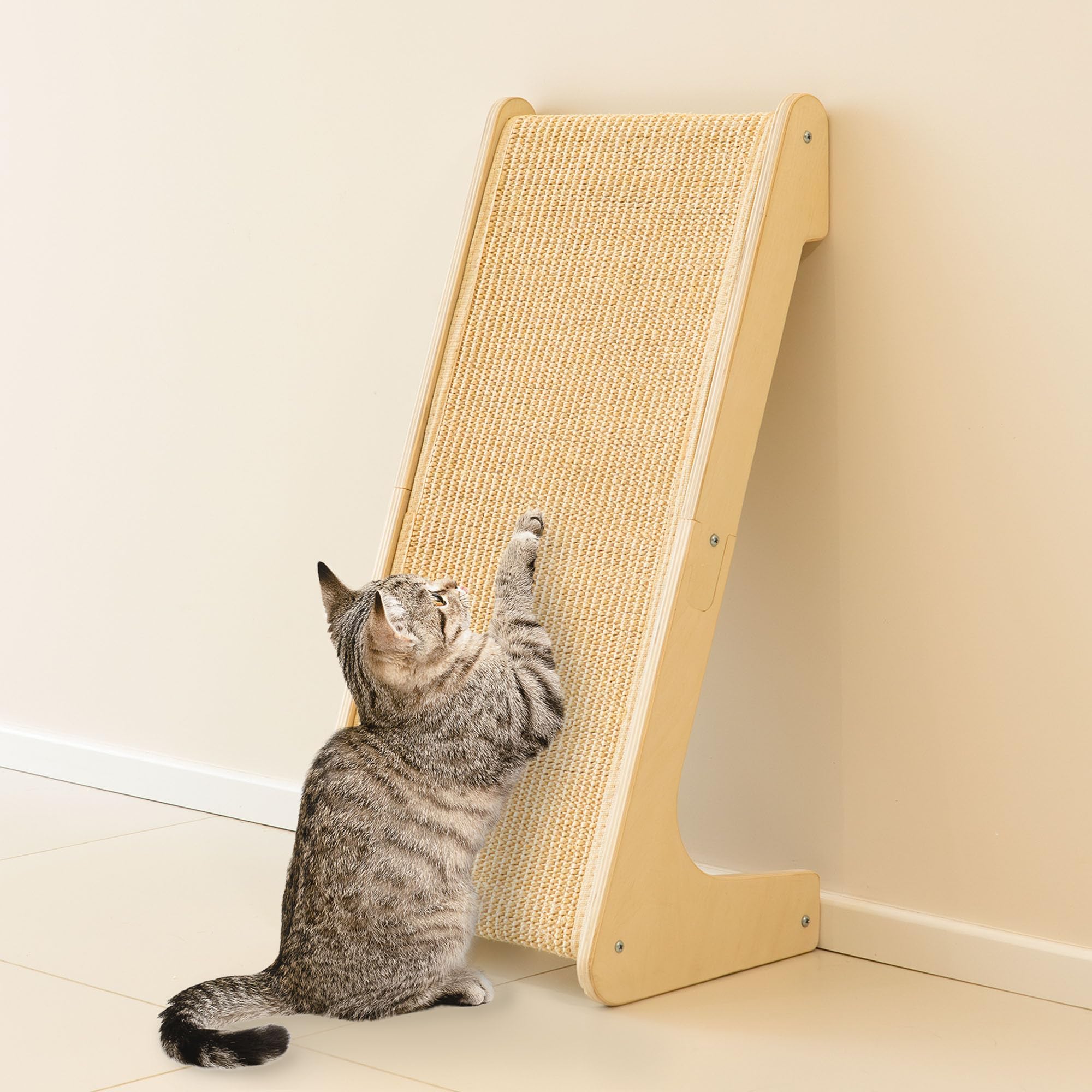 PETKARAY Griffoir pour Chat en Forme de L, 64 cm, Poteau à Griffer en Sisal Naturel, Montage Mural ou au Sol, Protection de Meubles avec Herbe à Chat, Design Classique