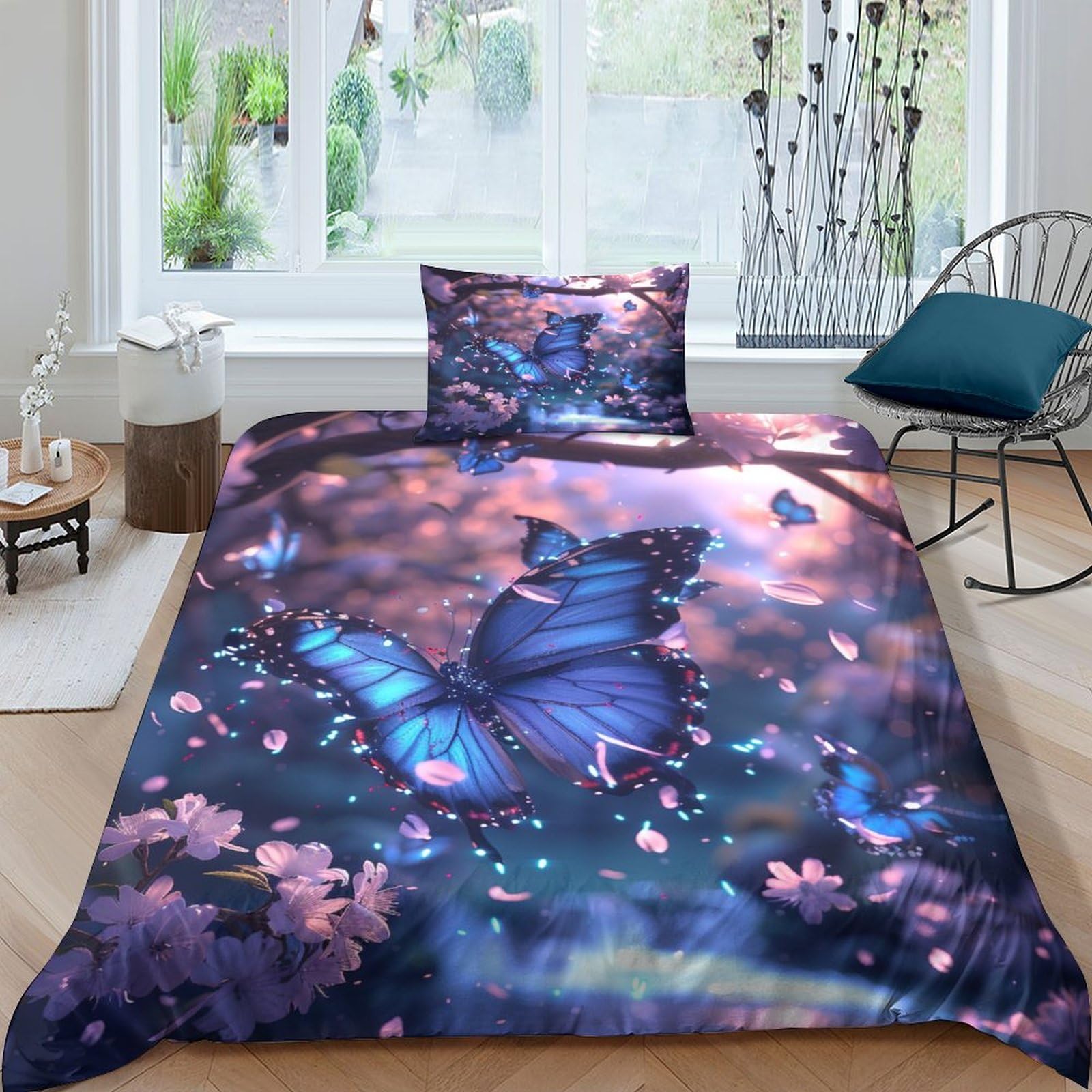 Housse de couette respirante 135x200 anti-transpiration en microfibre douce motif papillon bleu