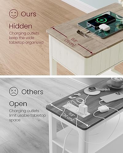 Miniatura 6 de VASAGLE Mesa auxiliar con estación de carga, mesa auxiliar con puertos USB y tomas, mesita de noche con almacenamiento, para sala de estar,