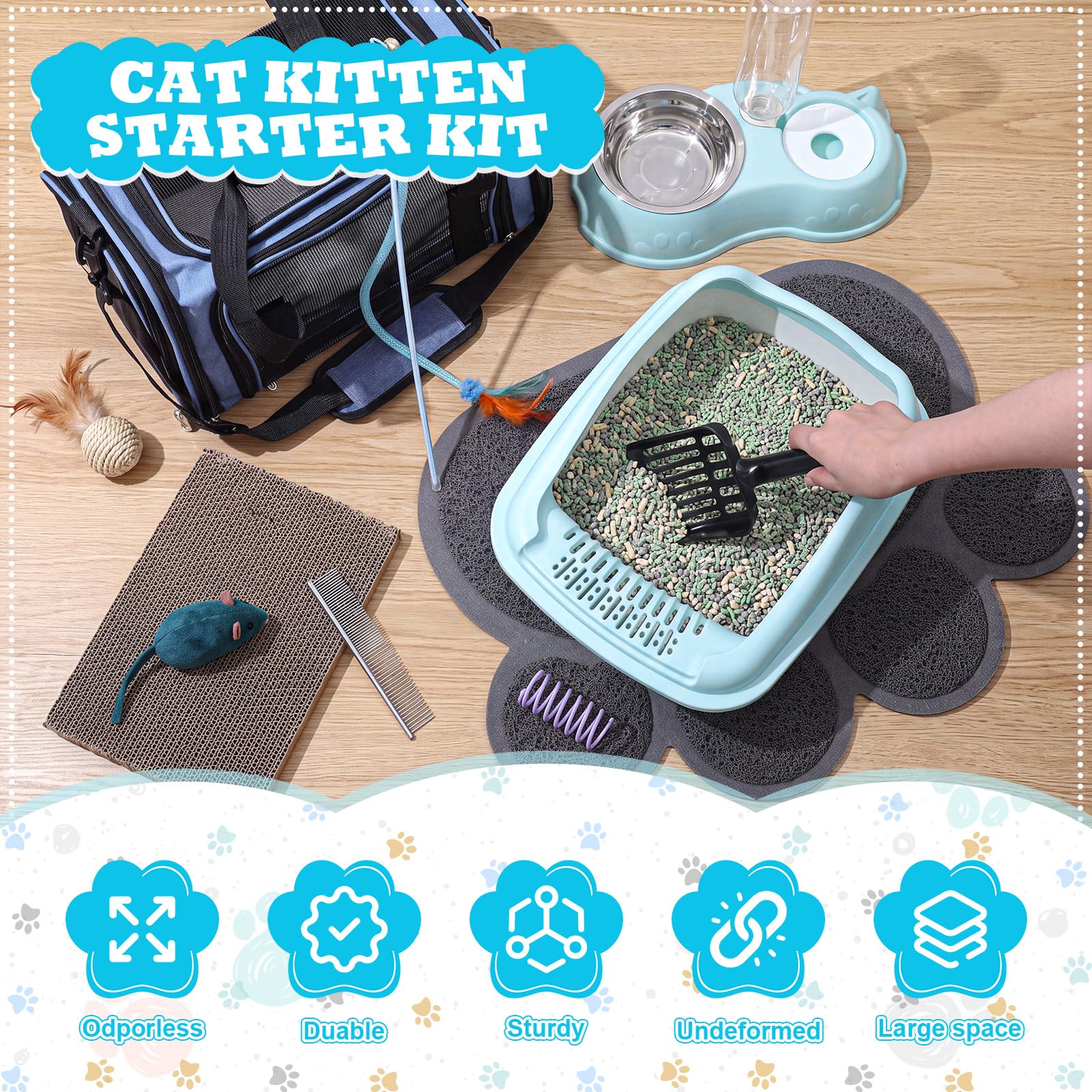 8-teiliges Starter-Set für Kätzchen, Katzen-Kätzchen-Starter-Set, enthält Katzentoilette, Matte, Schalen, faltbare Tragetasche, Kratzunterlage, Zubehör für Willkommensgeschenk (blau)