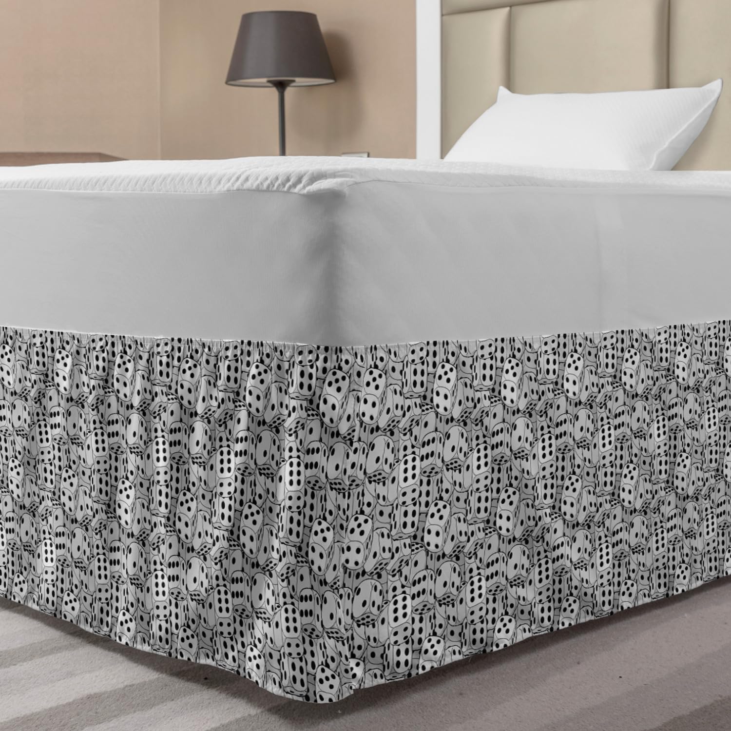 Lunarable Casino Bed Skirt Dices Close-up Image Abstract Monochromic Chaotic Crowded Gaming Houses Elastic Bedskirt Dust Ruffle Wrap