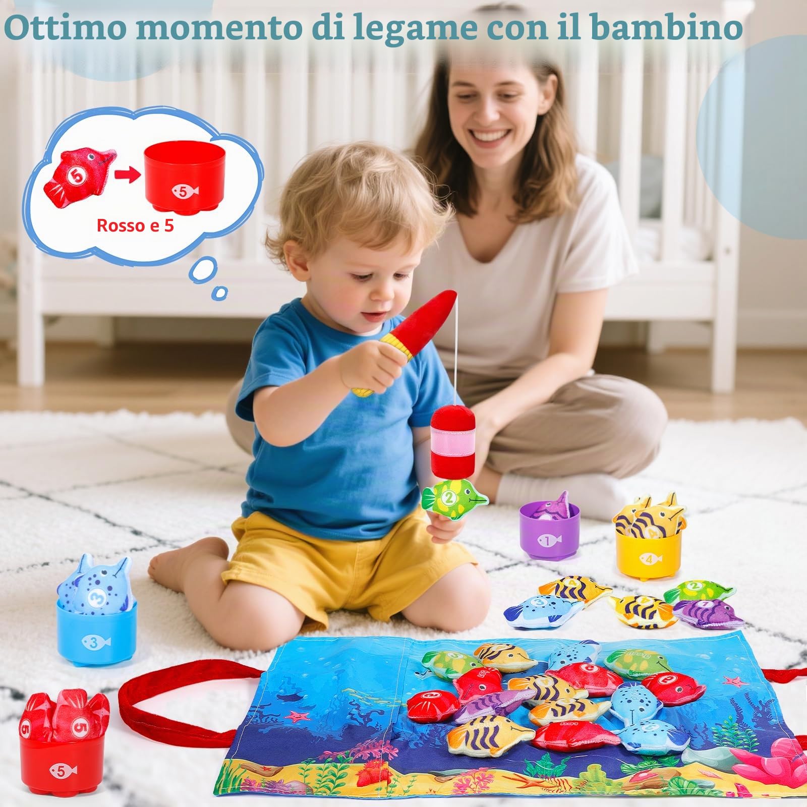 Giochi Bambini 1 Anno, 22 Pezzi Pesca Morbidi, Giochi Montessori 1 Anno Regalo Bambino, con 15 Pesci, Interattivi Educativo Gioco Bambino 1 2 3 Regali per Compleanno Natale