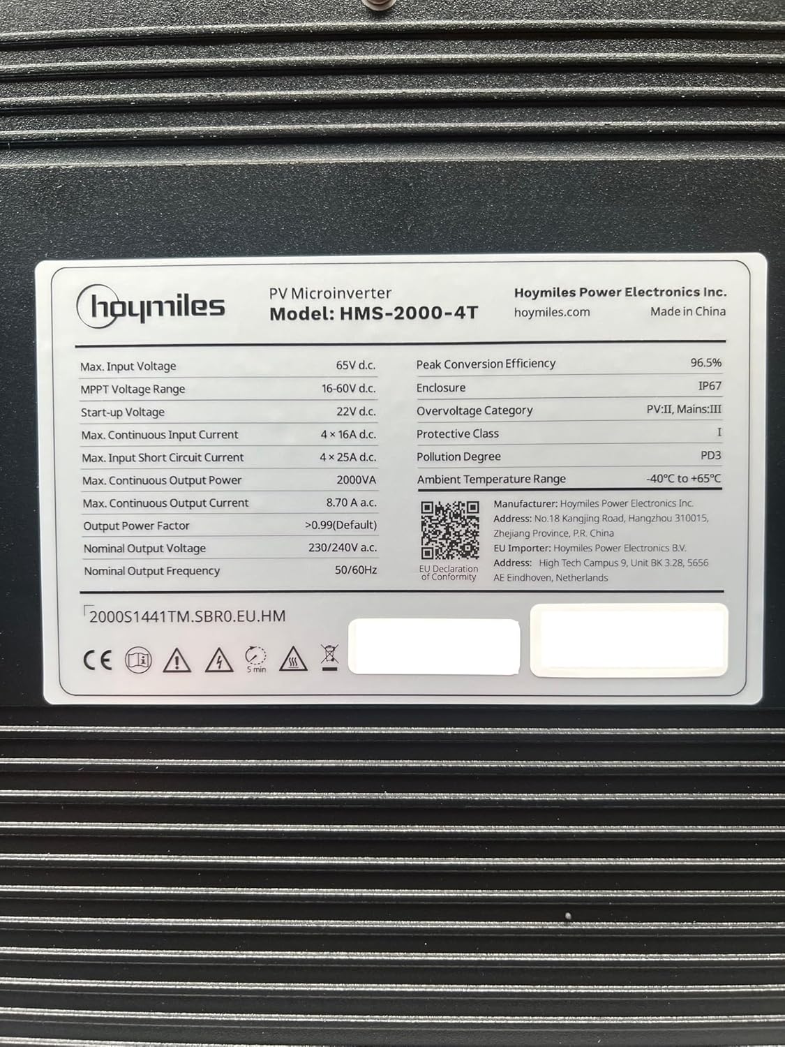 Hoymiles HMS-2000-4T Product Label with Specifications
