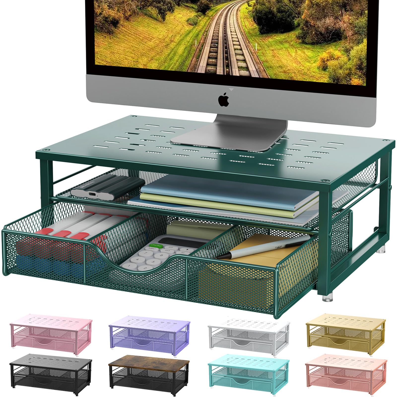 gianotter Computer Monitor Stand Riser, office organizer with Drawer, Office Organizers Storage for Classroom Office Supplies (Dark Green)