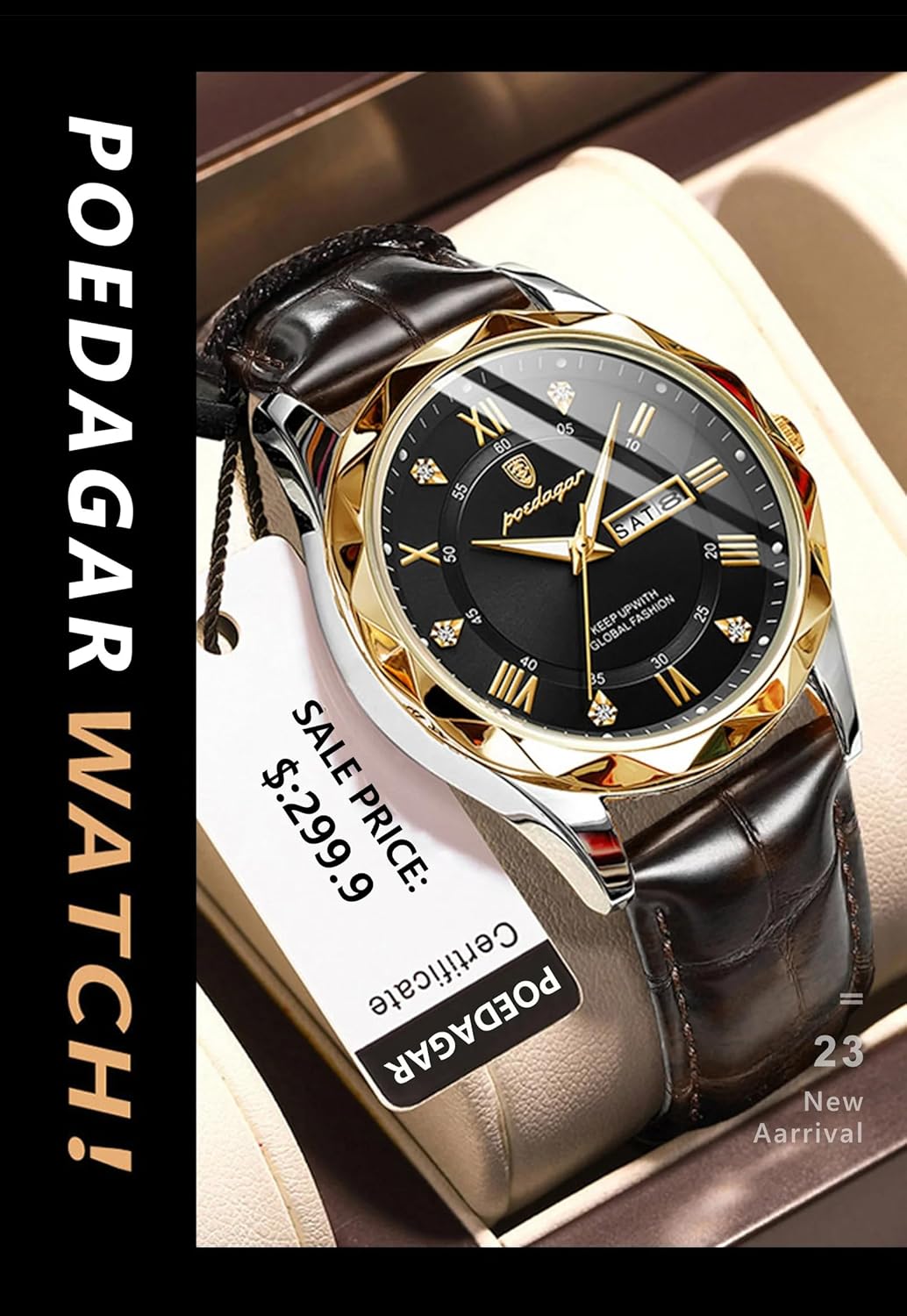 Gosasa Fashion Men's Business Casual Quartz Luminous Waterproof Date Wristwatch with Leather Strap (Black)