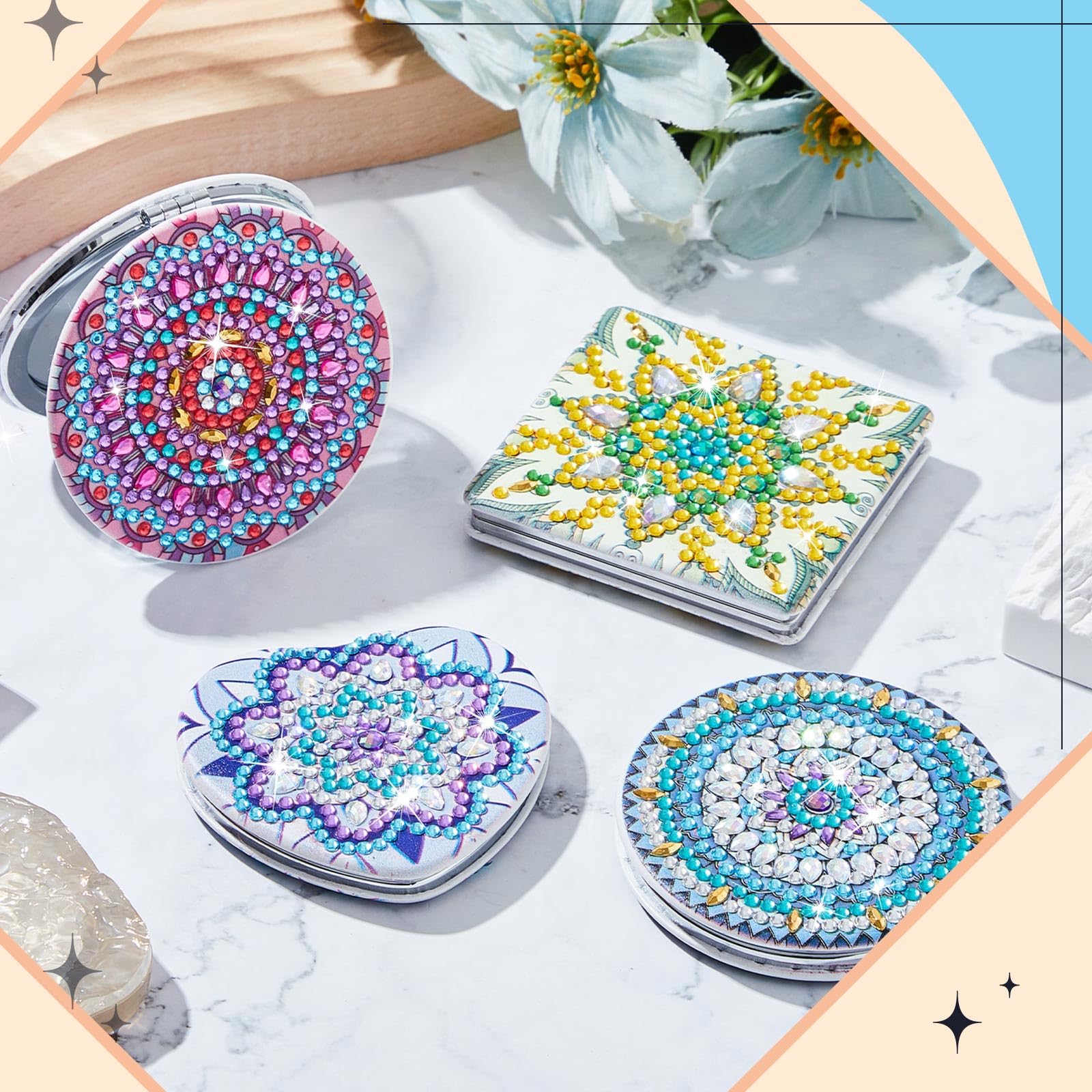 4 specchi tascabili compatti per pittura a diamante, con copertura per pittura a diamante, portatile, con ingrandimento, pieghevole, kit artistico per donne, ragazze e bambini (ovely)