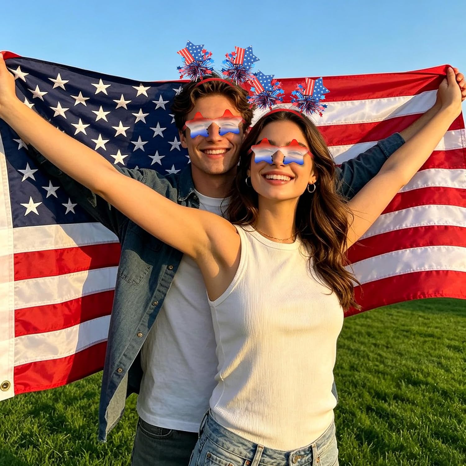 Semato 2 PCS Patriotic Party Accessories 4th of July Headband and Red White Blue Star Sunglasses