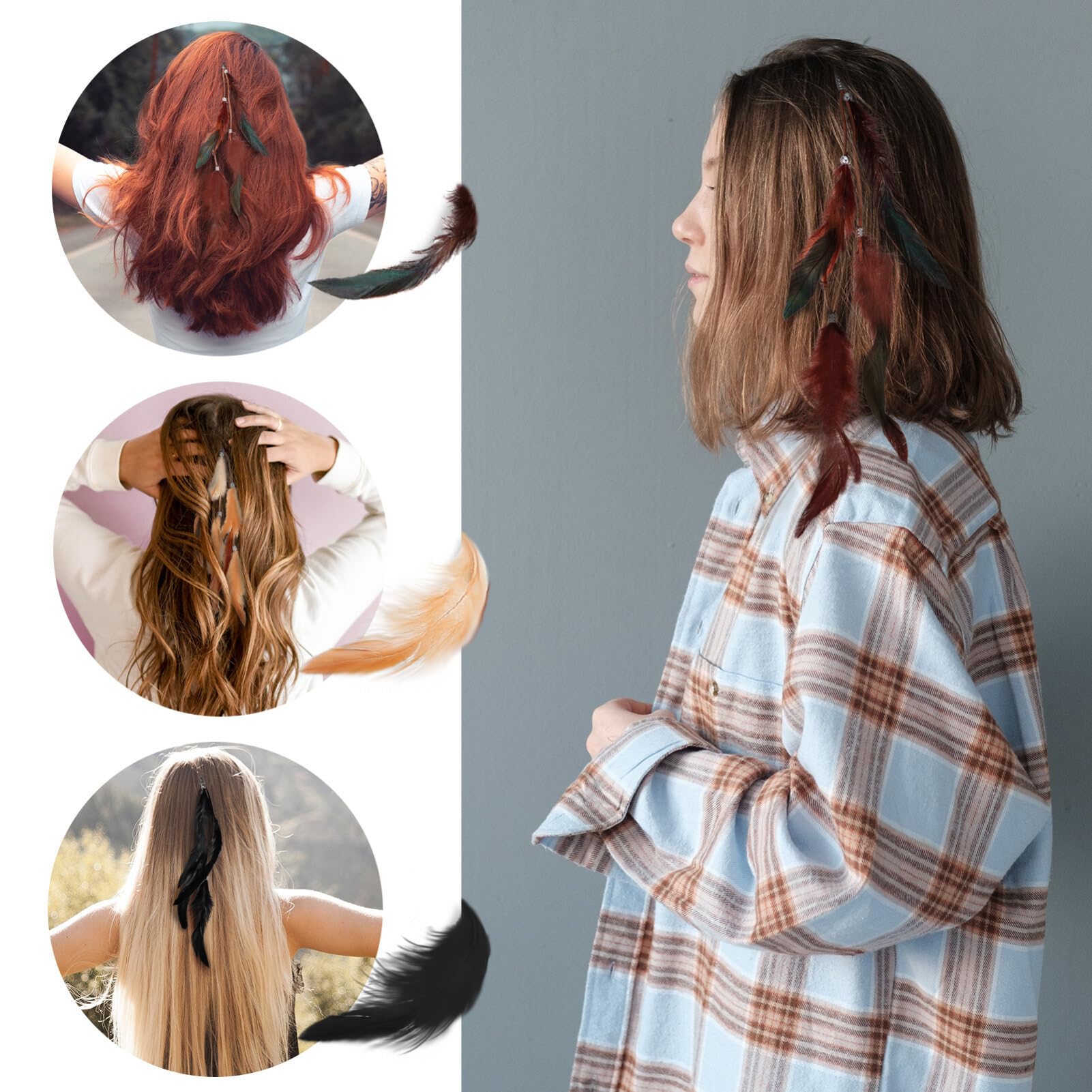 Extensions de Cheveux à Clips en Plume, Lot de 6, Rétro