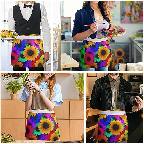 Miniatura 5 de Delantal de media cintura de girasol con 3 bolsillos ajustables para cocinero con correa larga delantales para mujeres, hombres, cocina,