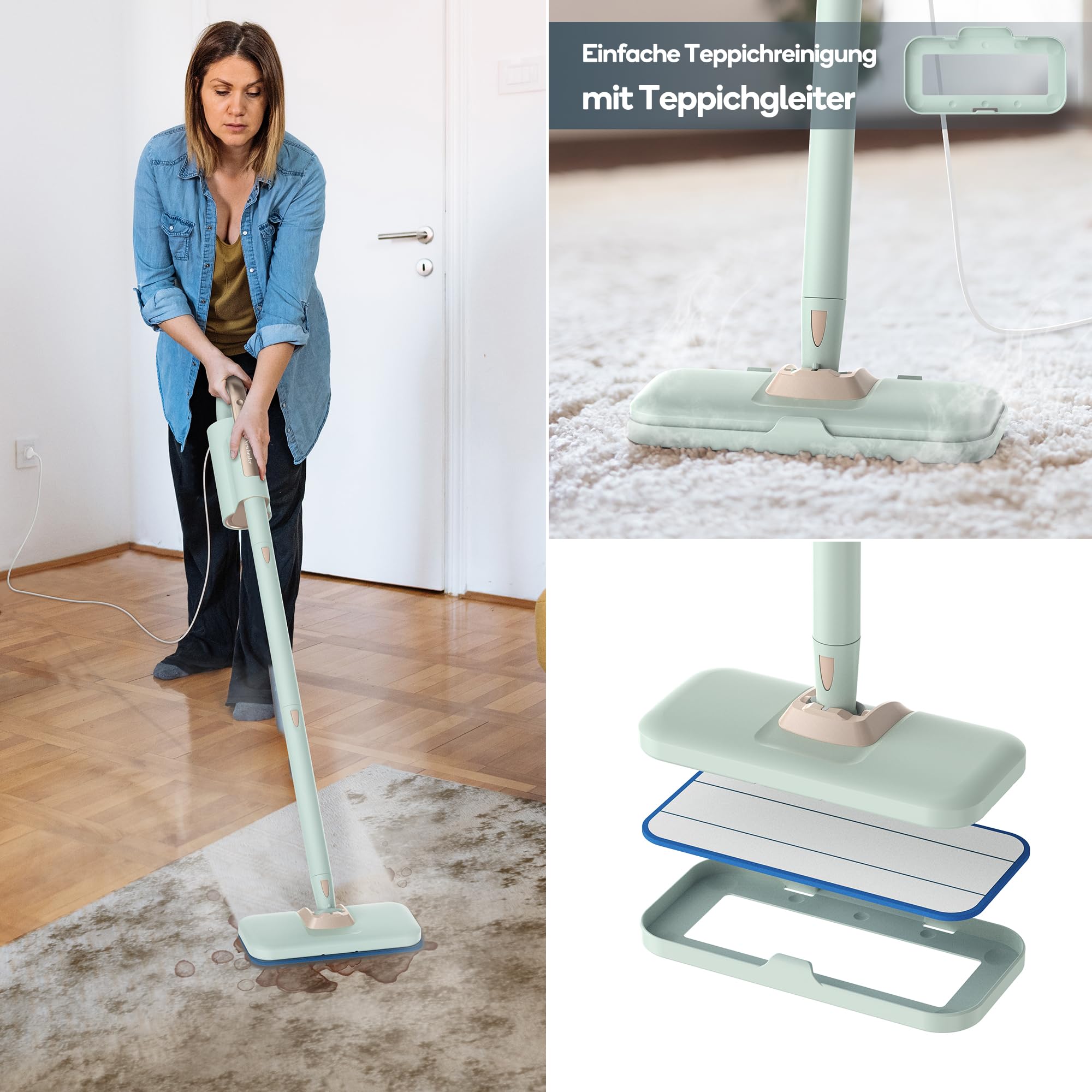 Newbealer 2-in-1 Dampfreiniger, 1200W Handgerät mit abnehmbarem Reiniger, 3 Dampfstufen, 7 Zubehörteile und 2 Mikrofaserpads, Ideal für Alle Böden, Teppiche | 3 einstellbare Ebenen für Teppich-Laminat, Hartholz-Fugenmörtel, Teppichgleiter, 7 Mehrzweck-Zub