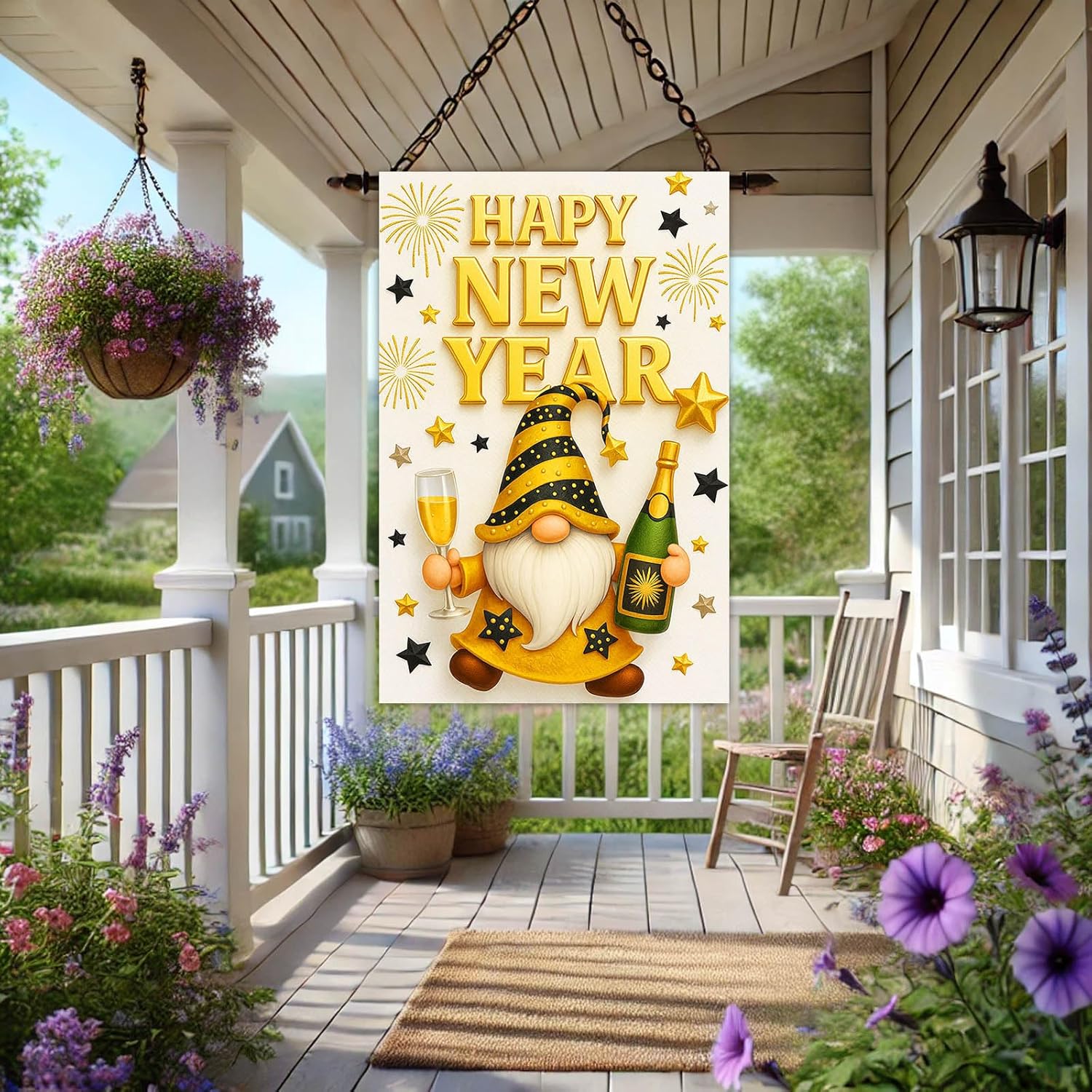 Happy New Year House Flag 28x40 Inch Double Sided Garden Flag Gold Gnome Champagne and Star Design Winter Holiday Yard Banner Large Outdoor Polyester Flag for Porch Lawn Home Decoration - Image 8