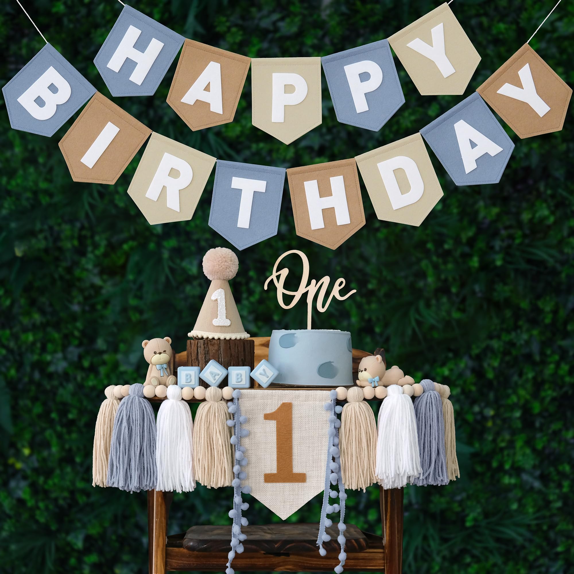 Photo 1 of DCJHFJ First Birthday Decorations for Boy Felt Khaki Blue Happy Birthday High Chair Banner Pre-Strung 1st Birthday