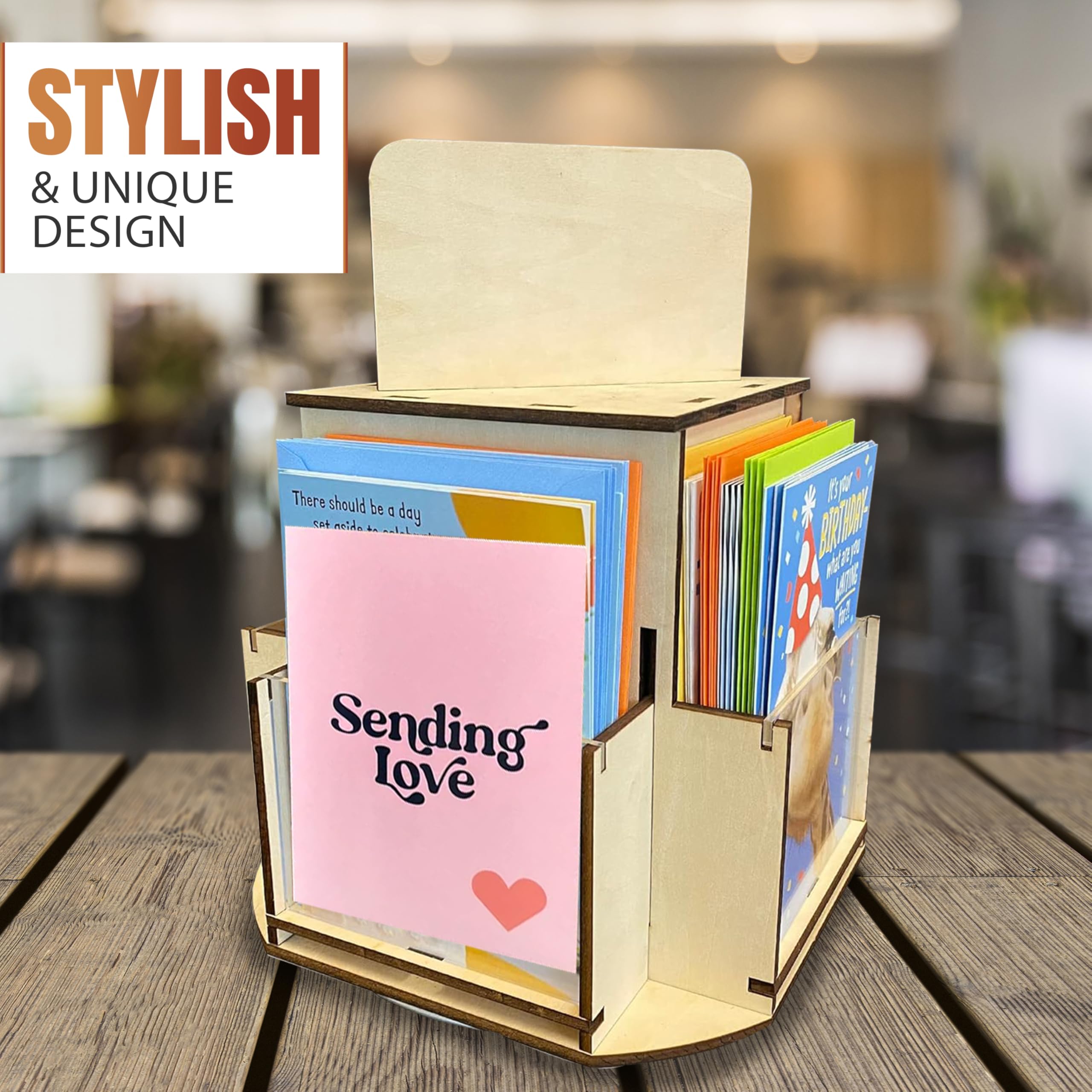 Rotating Greeting Card Display Stand, 1 Tier Wooden Organizer, 4-Sided Display Rack 360 Degree Spinning Multi-Pocket Display for Coasters, Stickers, Retail, Showcase, Tradeshow, 12.5”H (Natural)