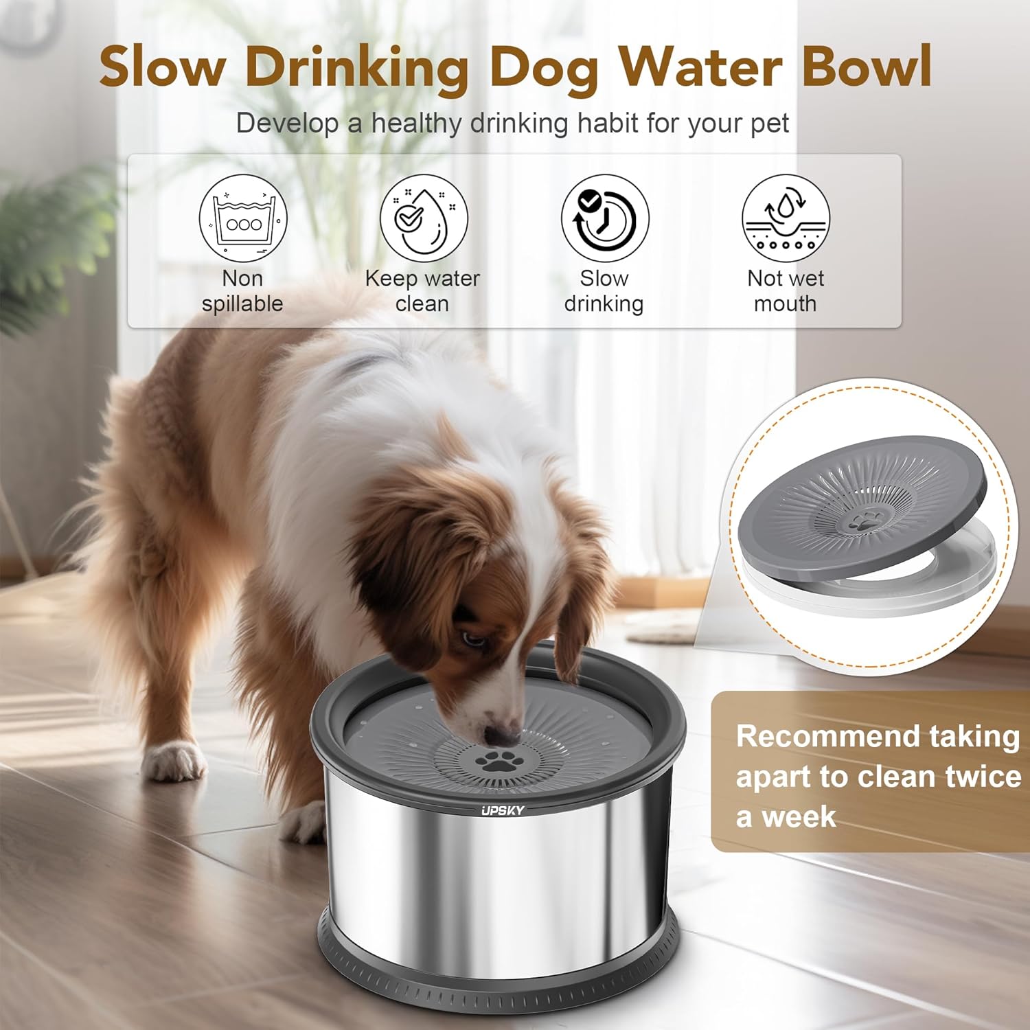 UPSKY 3.5L Dog Water Bowl,Large Capacity No Spill Dog Water Bowl,Stainless Steel Spill Proof Slow Water Feeder,No Splash Water Bowl with Anti-Slip Mat for Messy Drinkers Grey, C.3.5L