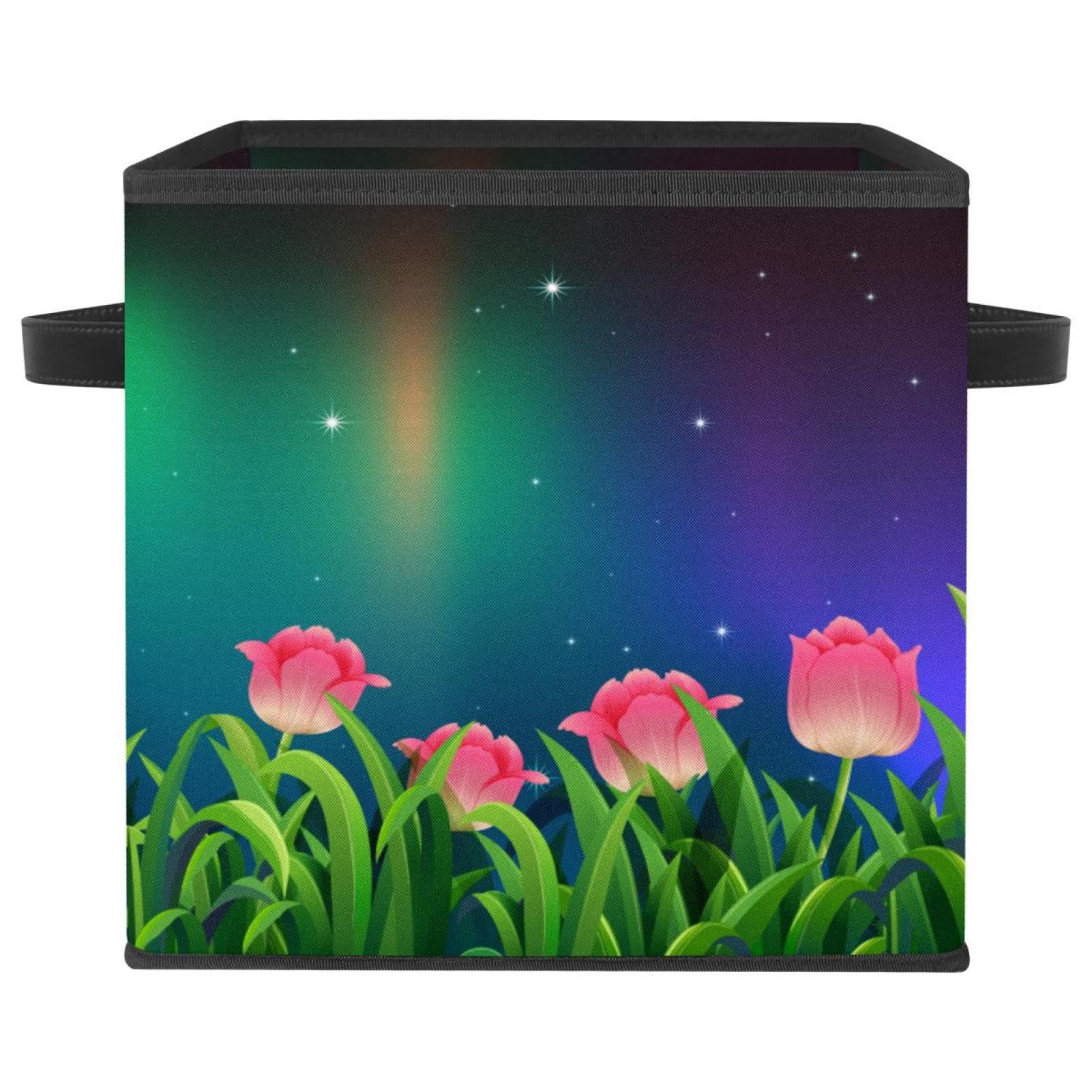 Bac de rangement rose tulipe avec poignées panière textile pliable pour linge et jouets
