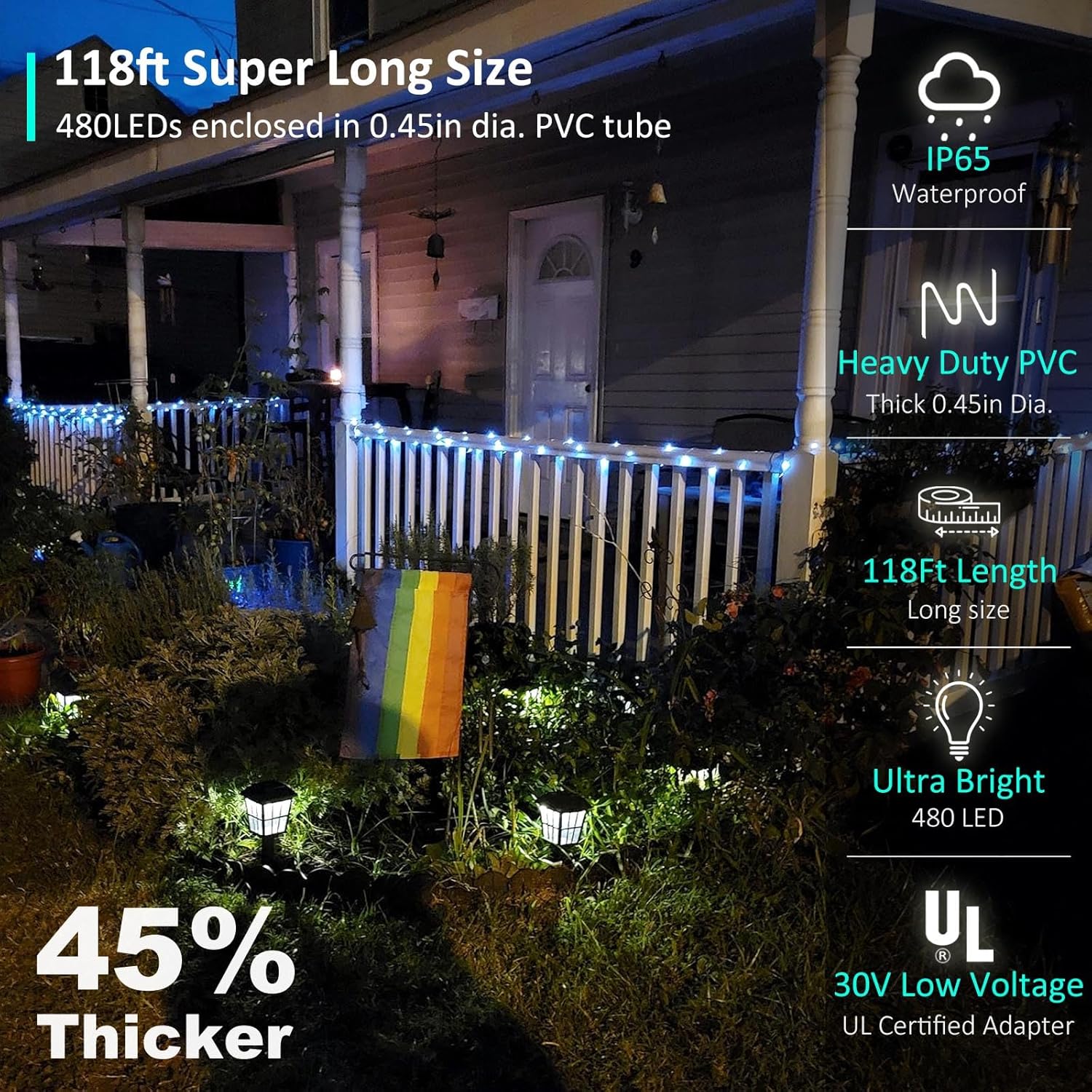 118 FT 480 LED Rope Lights for Outside, 0.45IN Dia. Rope Light Plug in Waterproof Outdoor String Lights for Garden, Tree, RV, Patio, Holiday Decoration, Party (Cool White)
