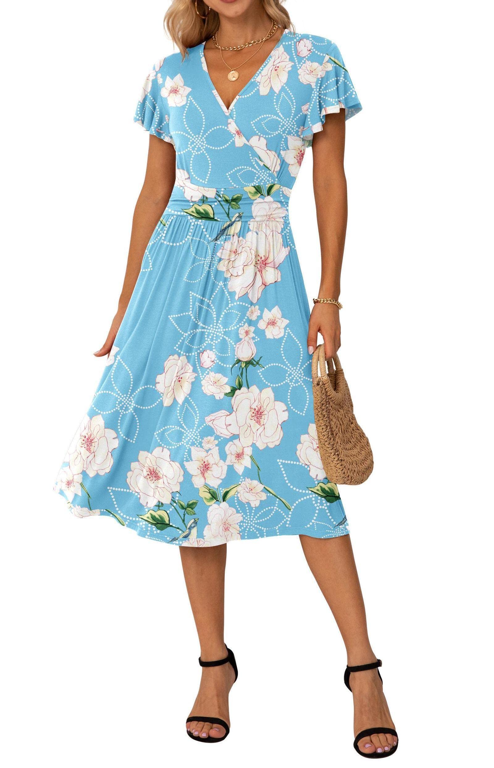 GRECERELLESpring Summer Dress for Women Casual Ruffle Short/Long Sleeve Dresses, Wrap V-Neck Dress