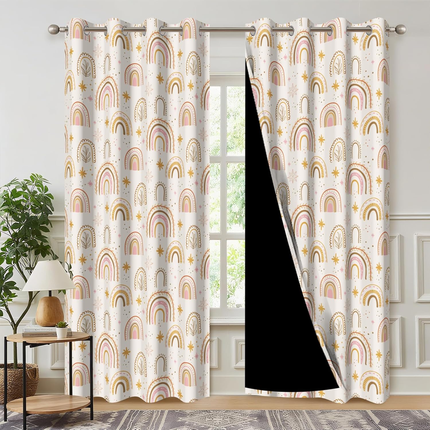 Boho Rainbow Curtains for Kids Bedroom, Cartoon Stars Leaves Blackout Window Curtains, Light Blocking Decor Drapes for Living Room with Grommets,2 Panels,Each W53 xL63