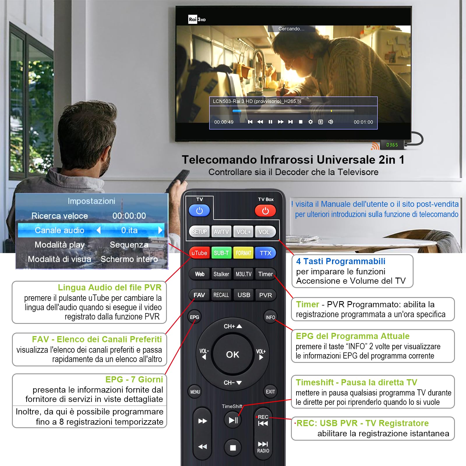 Decoder Digitale Terrestre 2025 con PVR Registra Programmi Preferiti, Mini Ricevitore DVB-T2 con Ordinamento LCN e FM Radio, Uscita Scart Hdmi e H265 HEVC Full HD 1080P Decodifica
