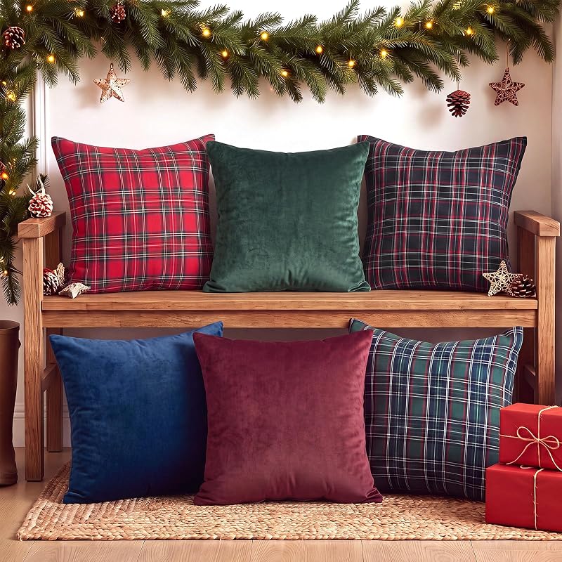 Mixweer 6 Pcs Christmas Tartan Plaid Pillow Covers Velvet 18x18 Inch | Scottish Tartan Plaid and Solid Designs, Farmhouse Square Cases for Sofa Couch Bed, Holiday Decorative Zippered Cushions