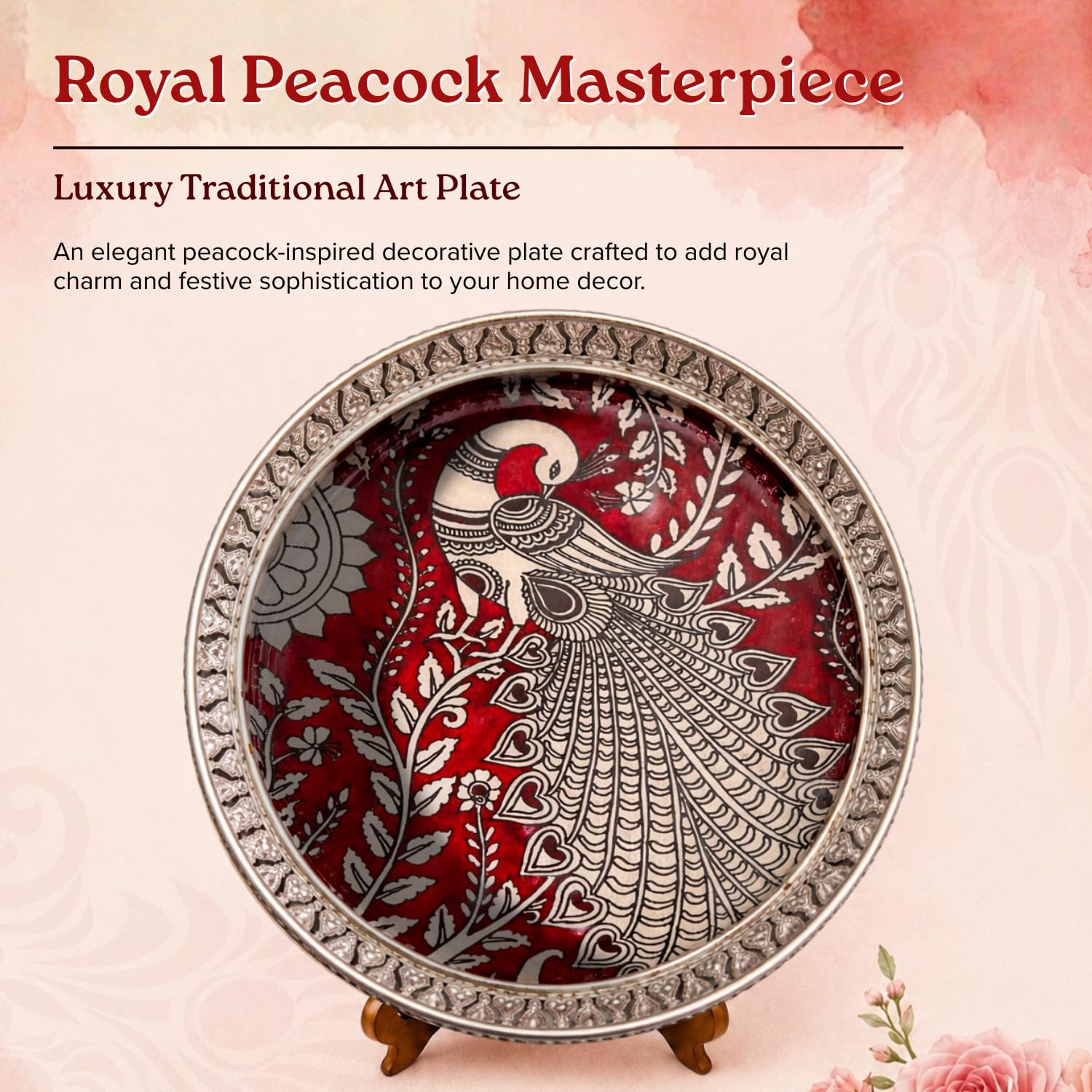Handcrafted German Silver Pichwai Tray - Peacock Design -2