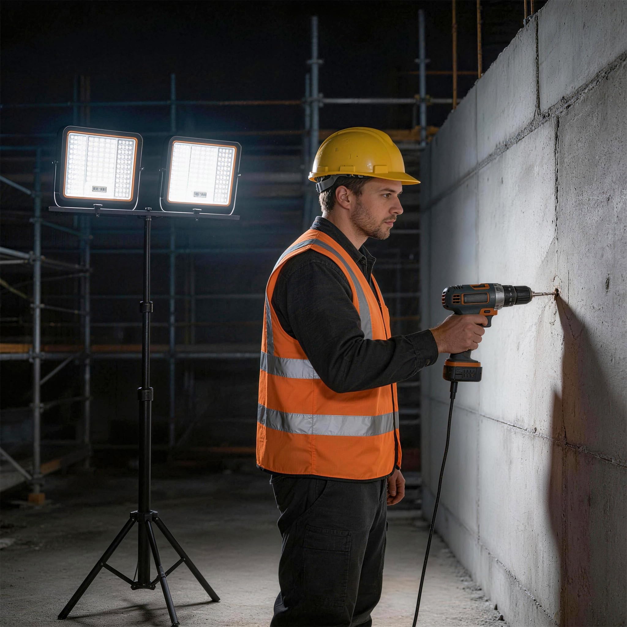 LZQ LED Baustrahler Doppel 2x300W | Arbeitsstrahler Baustellenlampe mit Teleskop Stativ | Baulampe Strahler Höhenverstellbar Bauscheinwerfer für Werkstatt Garage | 360° Drehbar | Wasserdicht IP66
