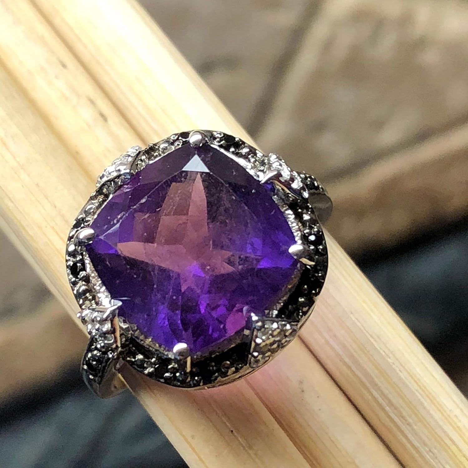 Natural 4.5ct Purple Amethyst, Black Spinel, White Topaz 925 Solid Sterling Silver Wedding Ring Size 7 - Image 8