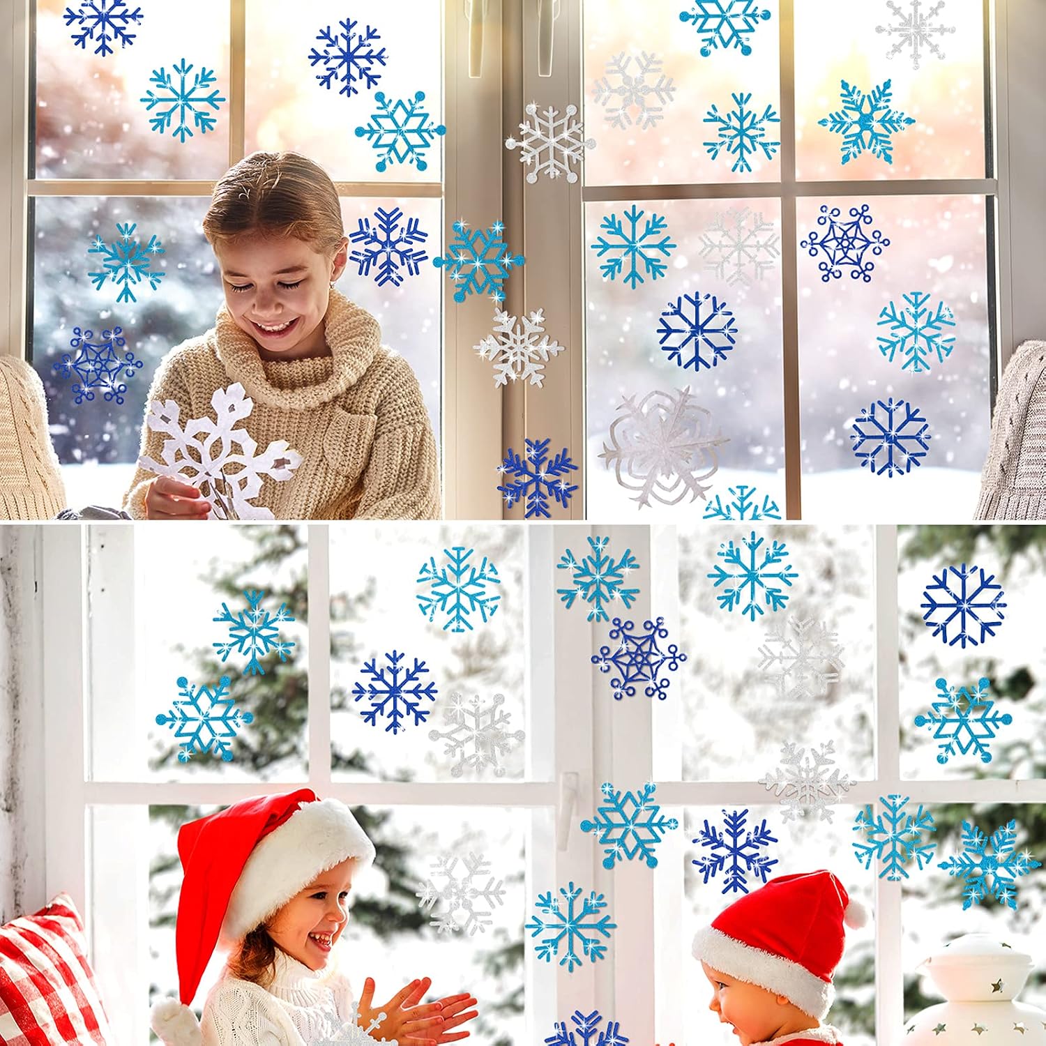 60 Pieces Snowflakes Cutouts Glitter Blue Silver Snowflake Cutouts Snowflakes Board with Glue Point Dots for Christmas Winter Theme Party Decoration