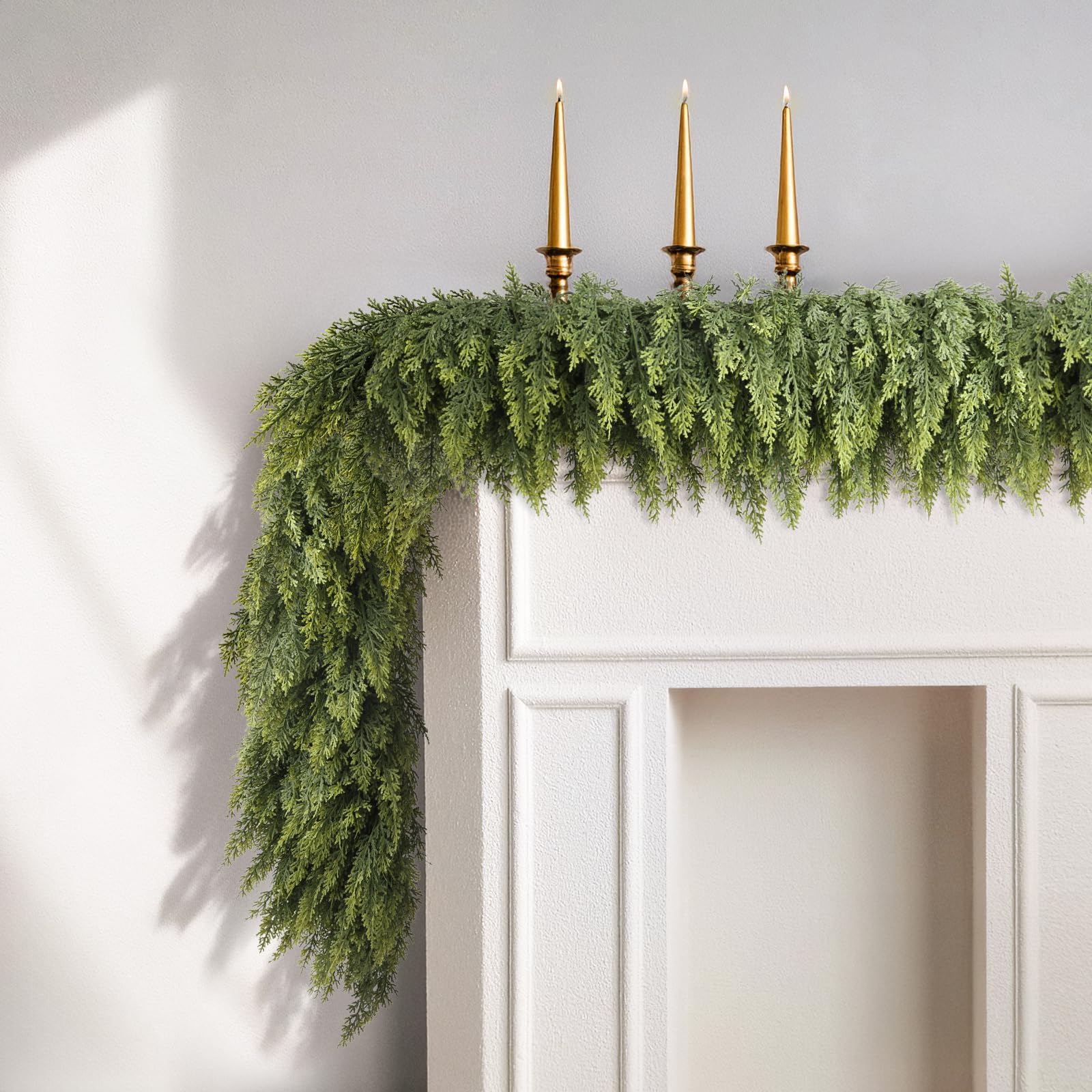 9FT Artificial Cedar Garland, Soft Real Touch PE Green Christmas Garland