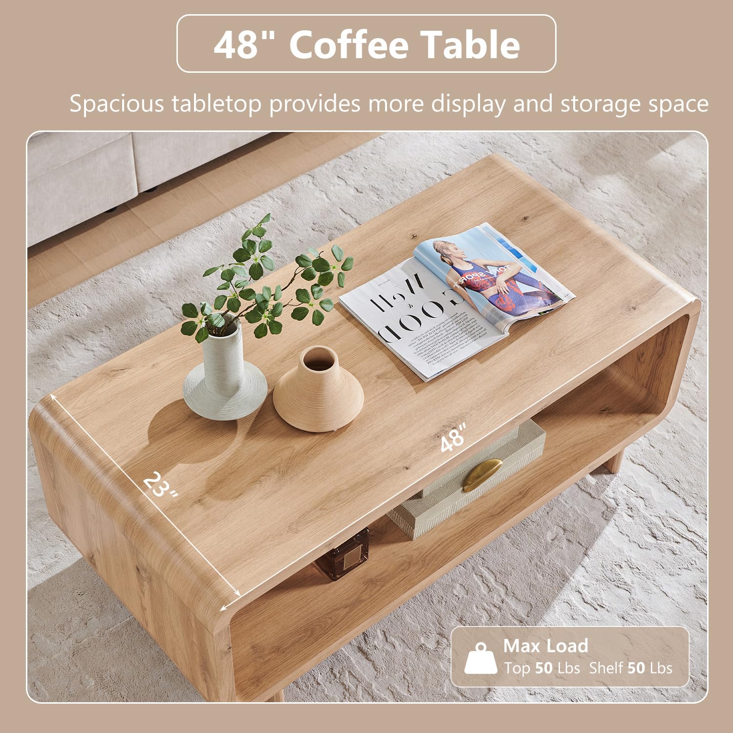 IFGET 48' Modern Coffee Table, 2-Tier Minimalist Center Table with Storage Shelf — product photo