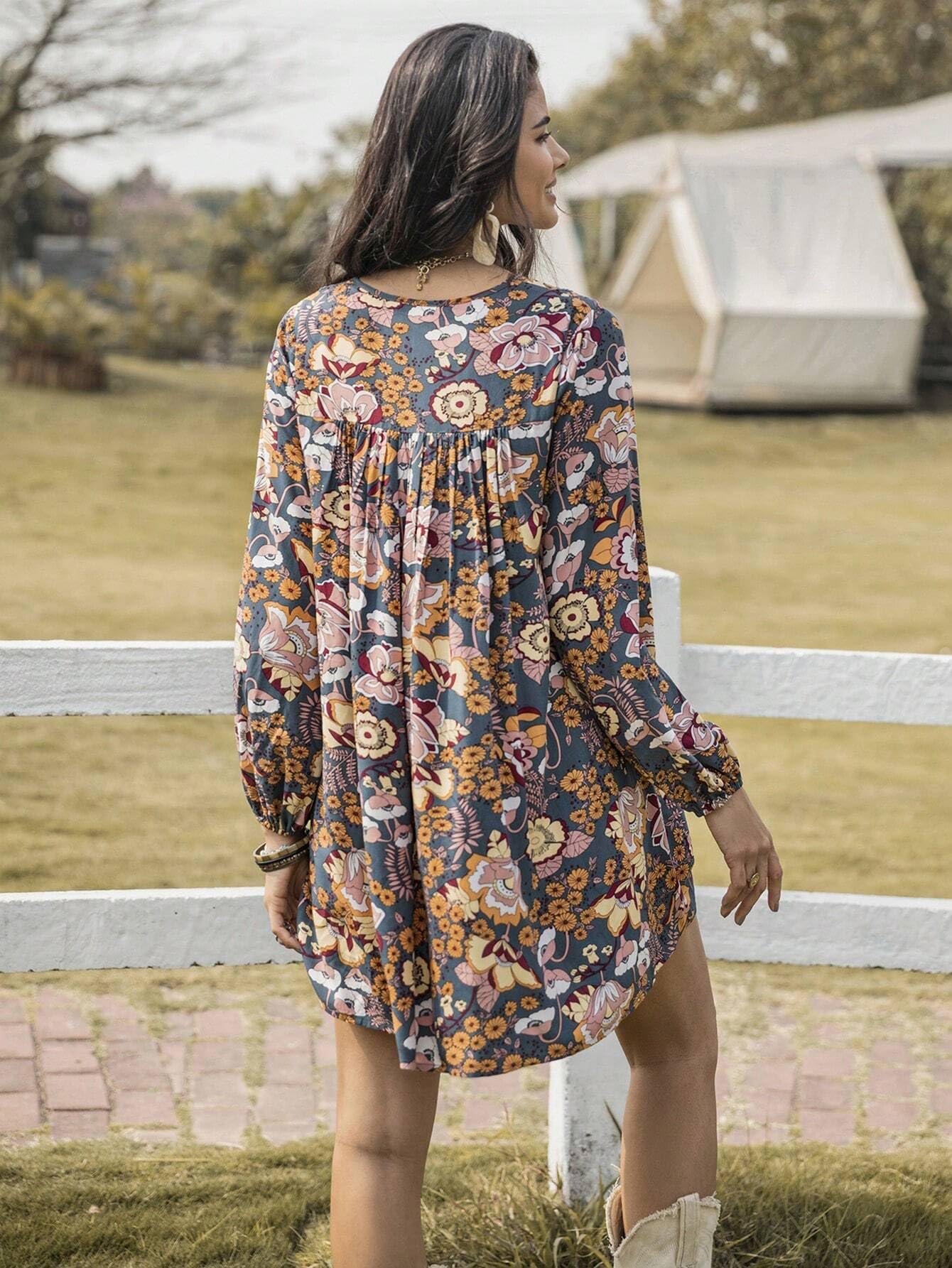 Smowkly Floral Print Bishop Sleeve Smock Dress 1244_Gry_L Grey