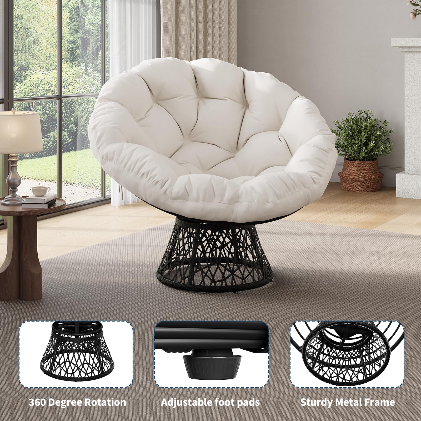 Fauteuil papasan Pivotant à 360° en Rotin,Fauteuil de jardin avec Coussin Épais,Imperméable,Charge 130kg,Intérieur & Extérieur,Chaise Relax Oeuf/Chauffeuse Pour salon,balcon,terrasse,jardin(Beige)