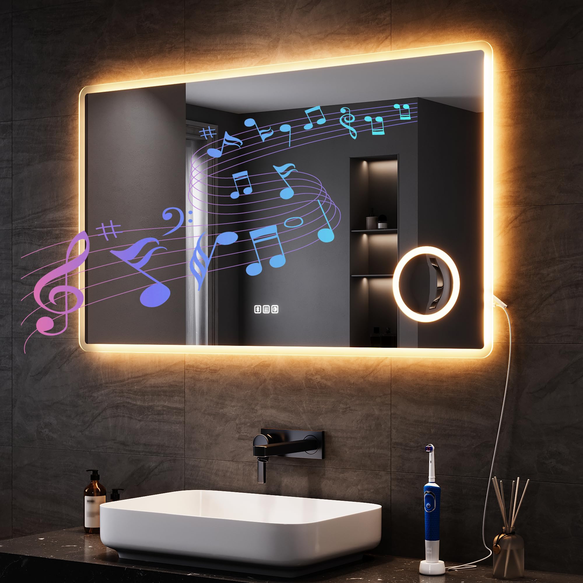 SONNI Specchio da bagno a LED con Bluetooth, 100 x 60 cm, specchio da bagno con illuminazione e touch, presa elettrica, 3 colori di luce, anti-appannamento e funzione di memoria, ingrandimento 3 x