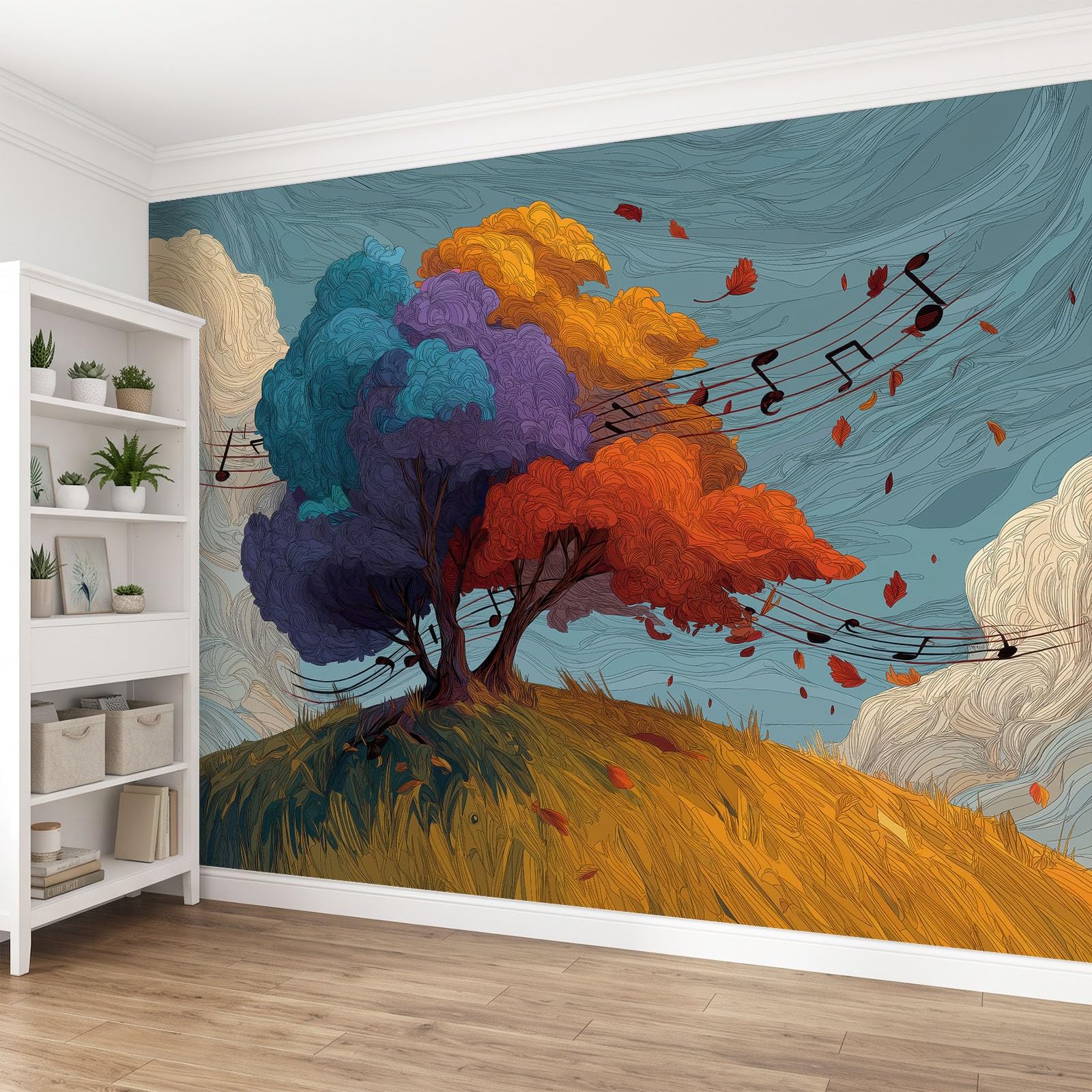 Graffiti, ulica, panoramiczna tapeta, fototapeta, 200 szer. x 140 cm, fantazyjna sztuka, nuta muzyczna, drzewo botaniczne, plakat ścienny, tapeta do salonu, sypialni, przedszkola, pokoju zabaw, efekt