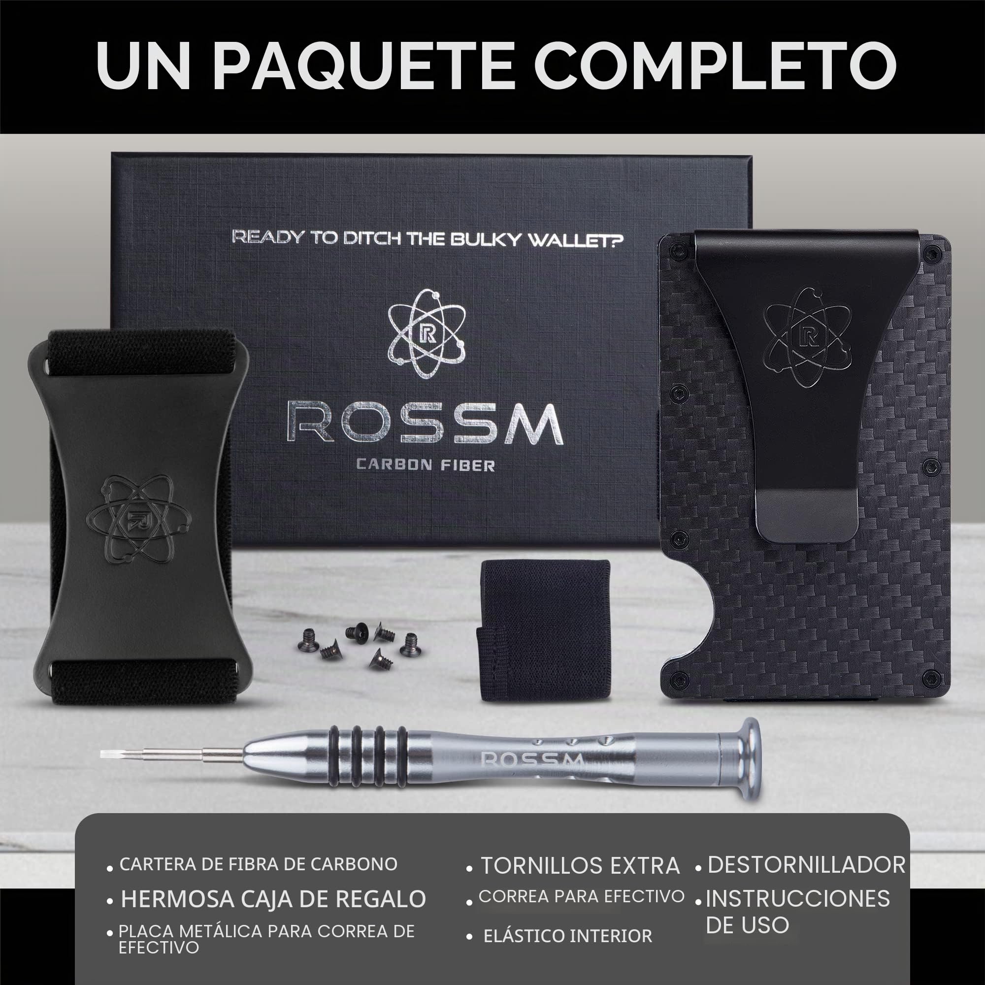 ROSSM Tarjetero Hombre Bloqueo RFID Cartera Minimalista Carbono Metalica Pinza Banda Elástica