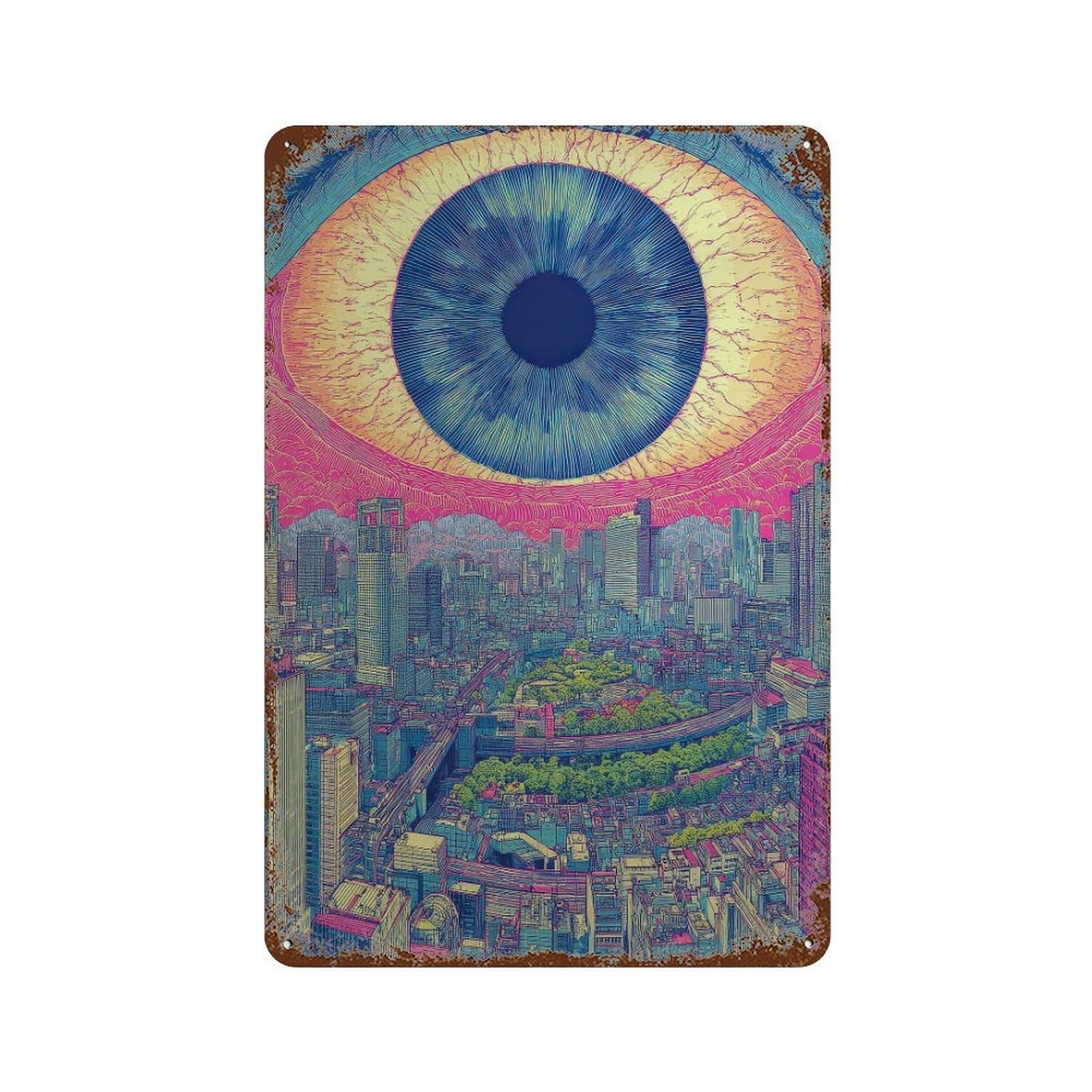 xiaoxiaoshen Cityscape With Giant Eye. Psychedelic Surreal Wall Decor Art Metal Tin Poster Modern Home Decor Art Home Bar Shop Decorations Vintage Sign 30x20cm