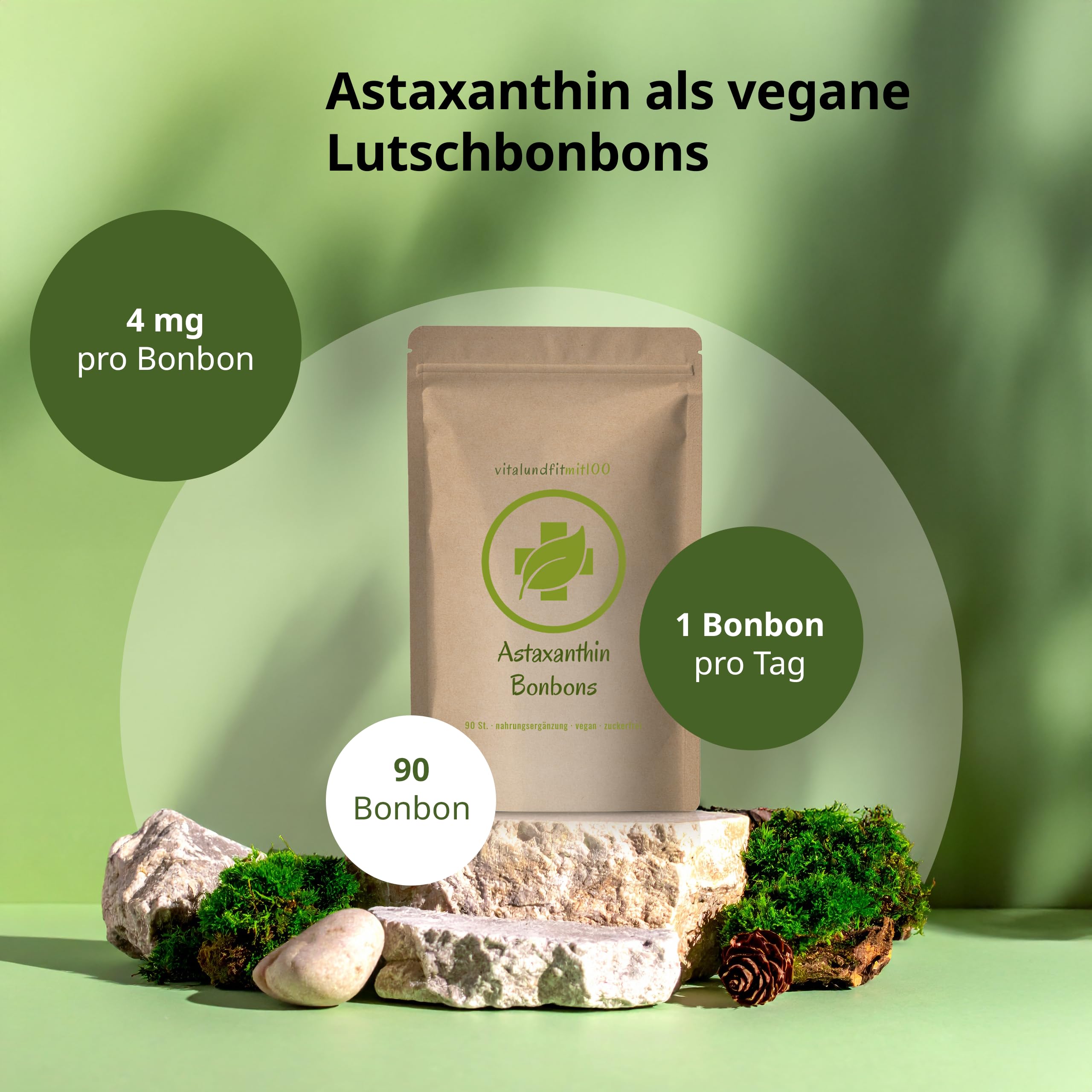 vitalundfitmit100 Astaxanthin Bonbons 90 Stk. – Vegan – Mit Vitamin B12 – Grünteegeschmack