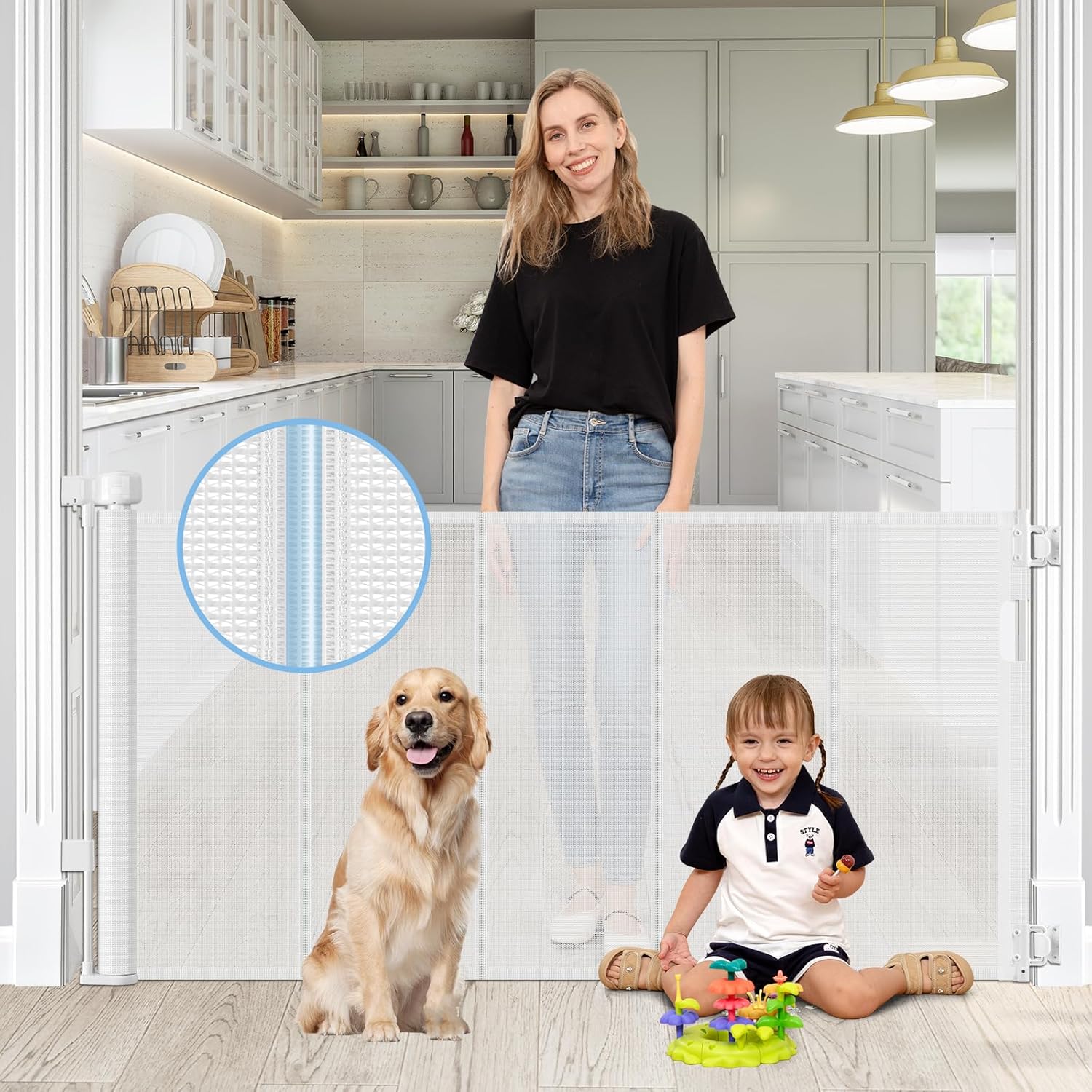 Reinforced Retractable Baby Gates for Stairs & Banister, Mesh Dog Gate for Stair Post, 55" Wide x 33" Tall, Pet Safety Gate for Stairway, Indoor & Outdoor Use (White)