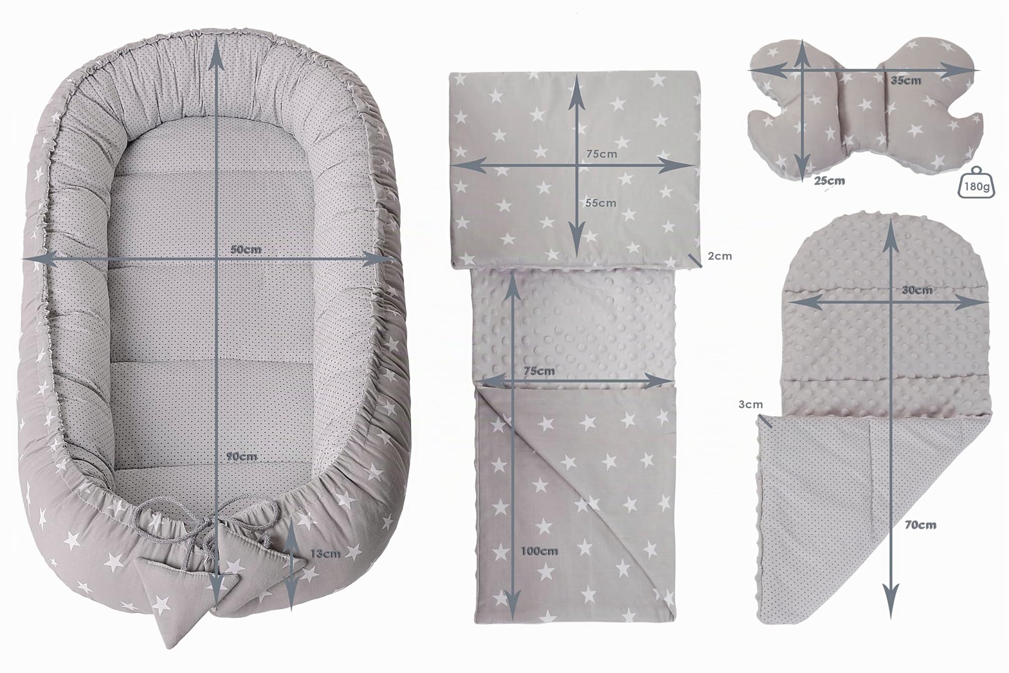 Medi Partners Juego de Cuna de 5 Piezas Incluye Nido para bebé de 100x60x15cm 100% algodón cojín Plano Manta para Gatear cojín de Mariposa (Estrellas con Gris)