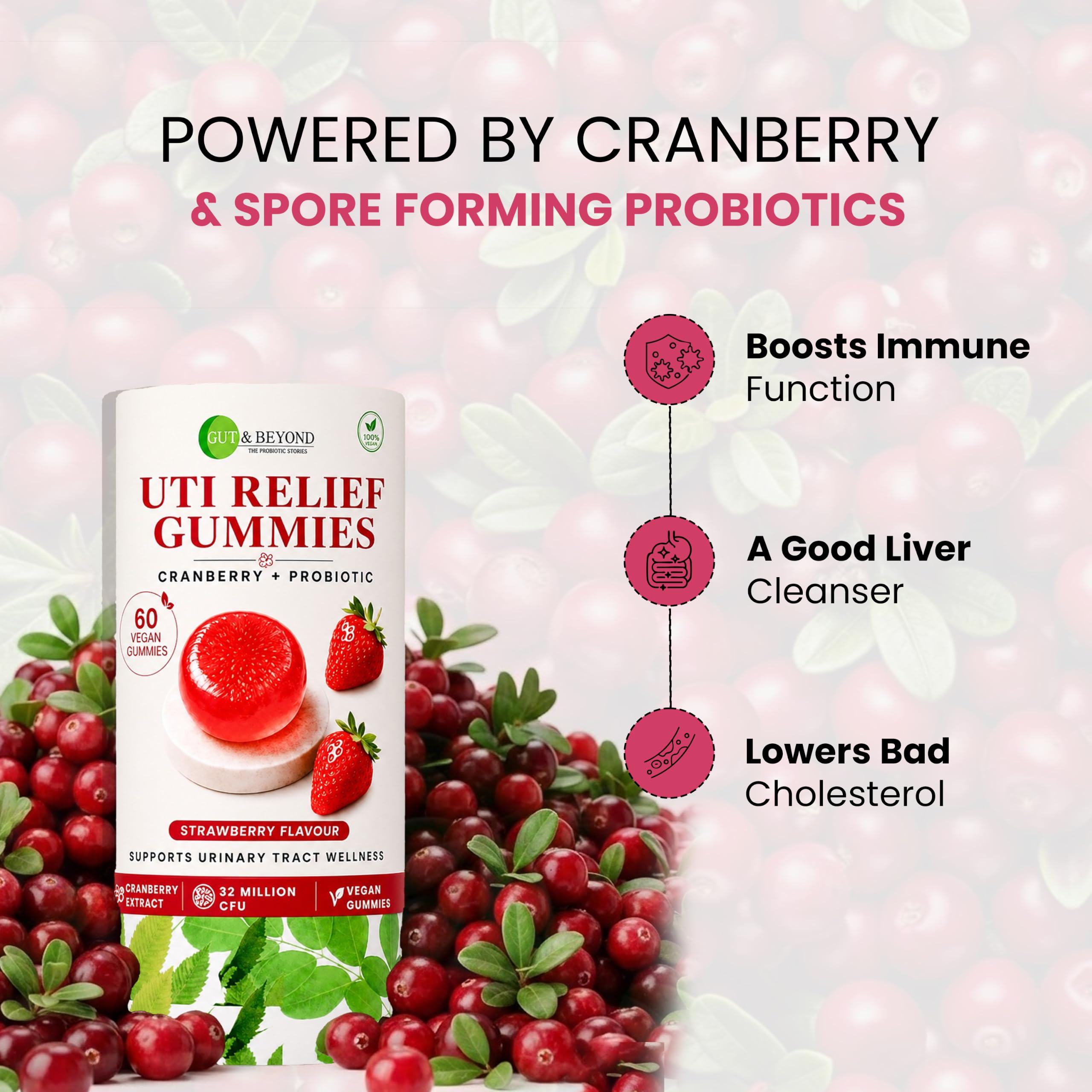 Gut and Beyond UTI Relief Gummies 60 Count| Cranberry and Probiotic Formula | Supports Urinary Tract Comfort and Bladder Health | Vaginal Microbiome Support | Women | Strawberry Flavour — Amazon image 3