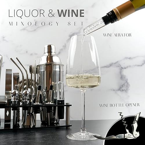 Miniatura 2 de Mixology - Juego de coctelera plateada de 24 piezas con soporte, accesorios esenciales para el hogar, coctelera Martini, jigger, Muddler, cubos