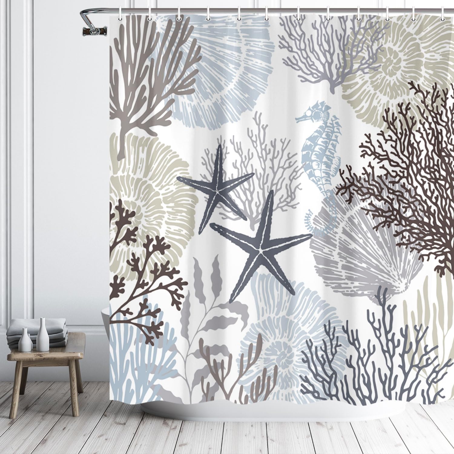 Voshin Beach Theme Shower Curtain, Ocean Sea Shells Stars Seahorse and Coral Fabric