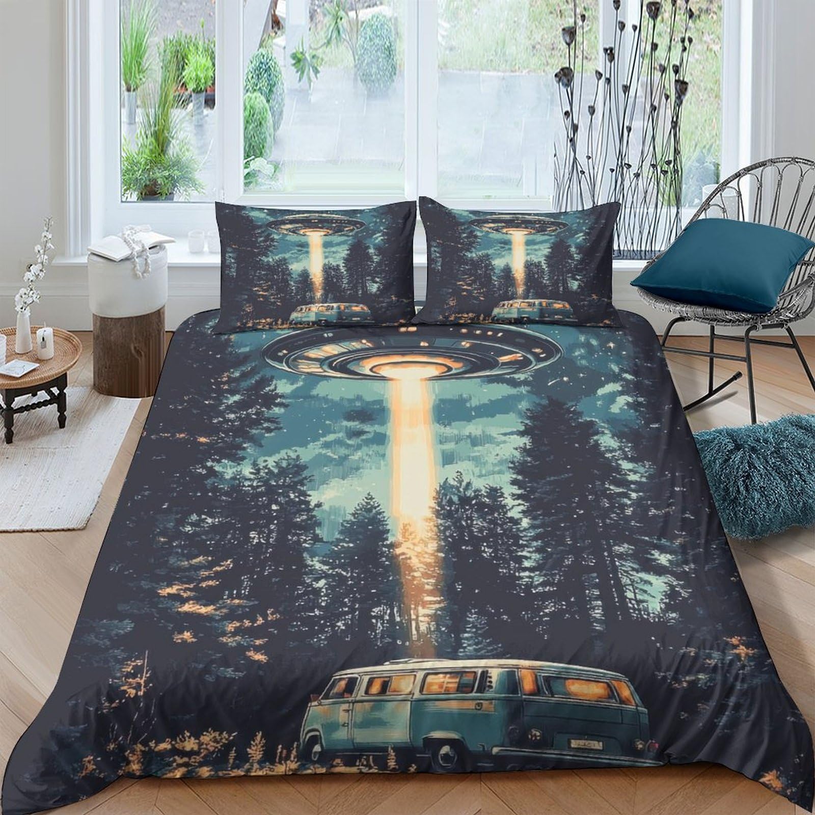Ctjqhvkz Style-7 3D Printed Ufo Forest Fitted Sheet Microfiber Soft Breathable Alien Spaceship Bed Cover For Bedroom Dorm Mattress Decor Single（135X200cm）