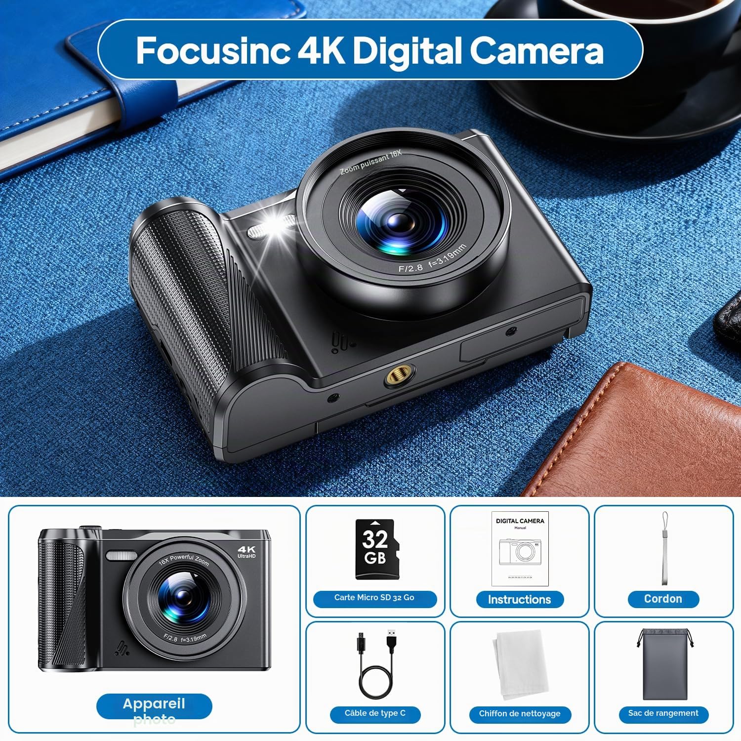 Appareil Photo Numérique 4K Digital, Focusinc 56MP Appareils Numérique avec Autofocus - Caméra Compact Vlogging Écran Rabattable 180°, Carte 32GB, Zoom 16X pour Débutants et Adolescents