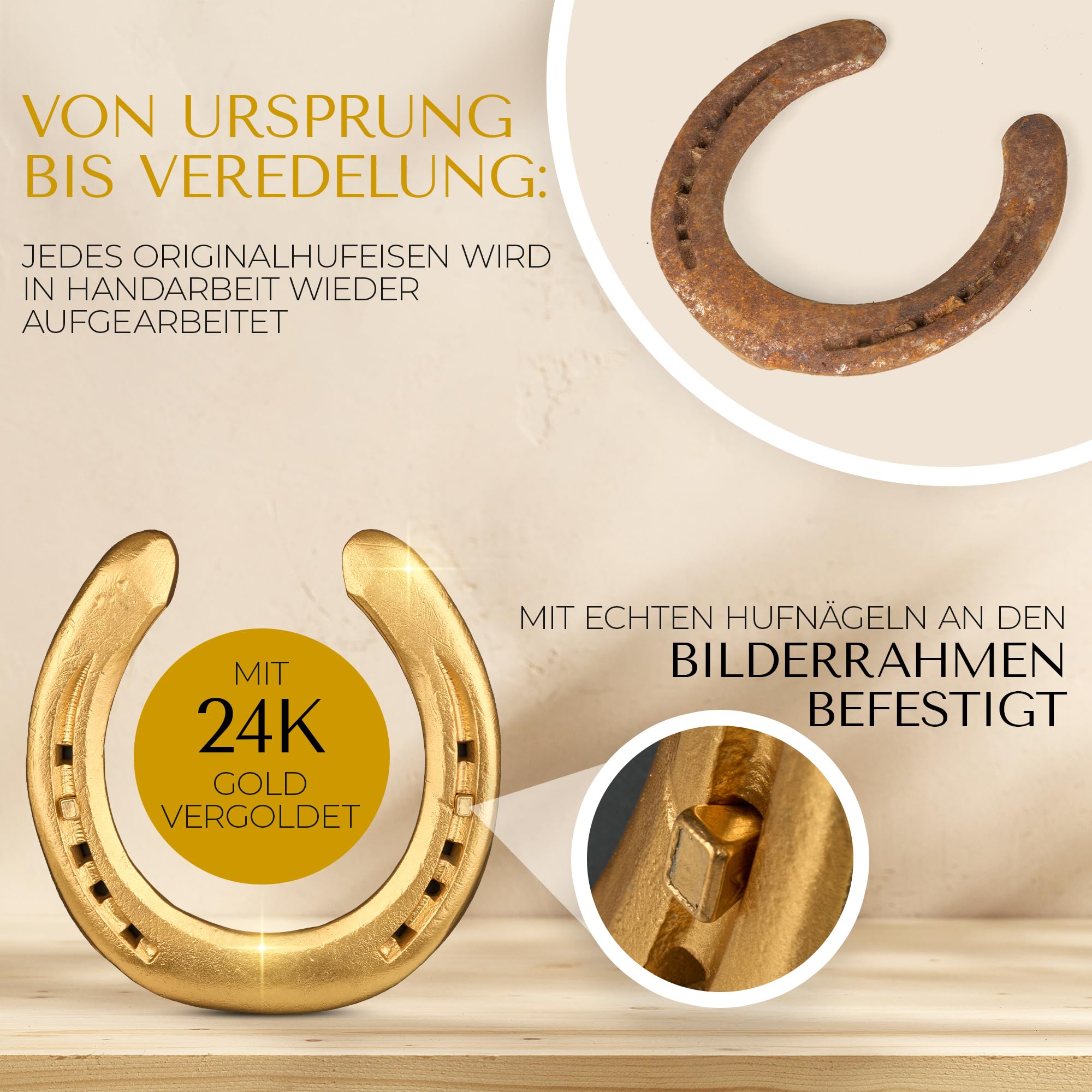 Hochzeitsgeschenk | Hufeisen im Bilderrahmen | Glückshufeisen mit Personalisierung | Personalisiertes Geschenk zur Hochzeit | Persönliches Geschenk Brautpaar | Geschenk Namen (Vergoldet/Weiß)