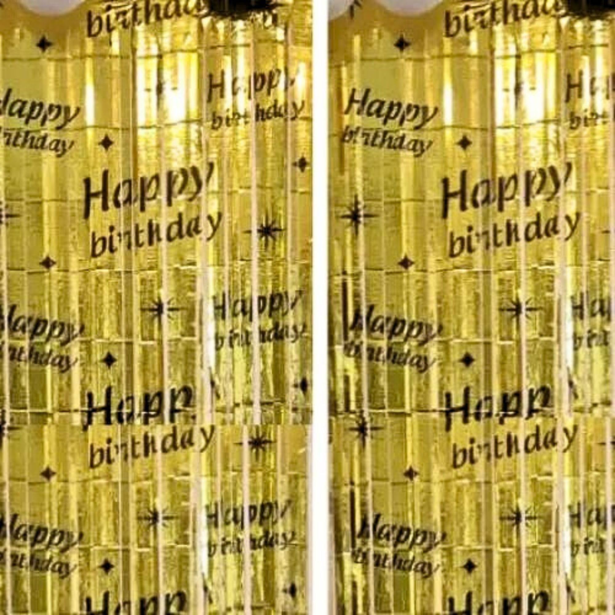 Inflate Decorate Ltd. Gold (Happy Birthday) Printed 2Pc 3.2Ft X 6.5Ft, Tinsel Foil Fringe Curtains Streamers Backdrop For Birthday Graduation Wedding Engagement Bridal Shower Bachelorette Holiday Party Decoration (Gold (Happy Birthday) Printed)