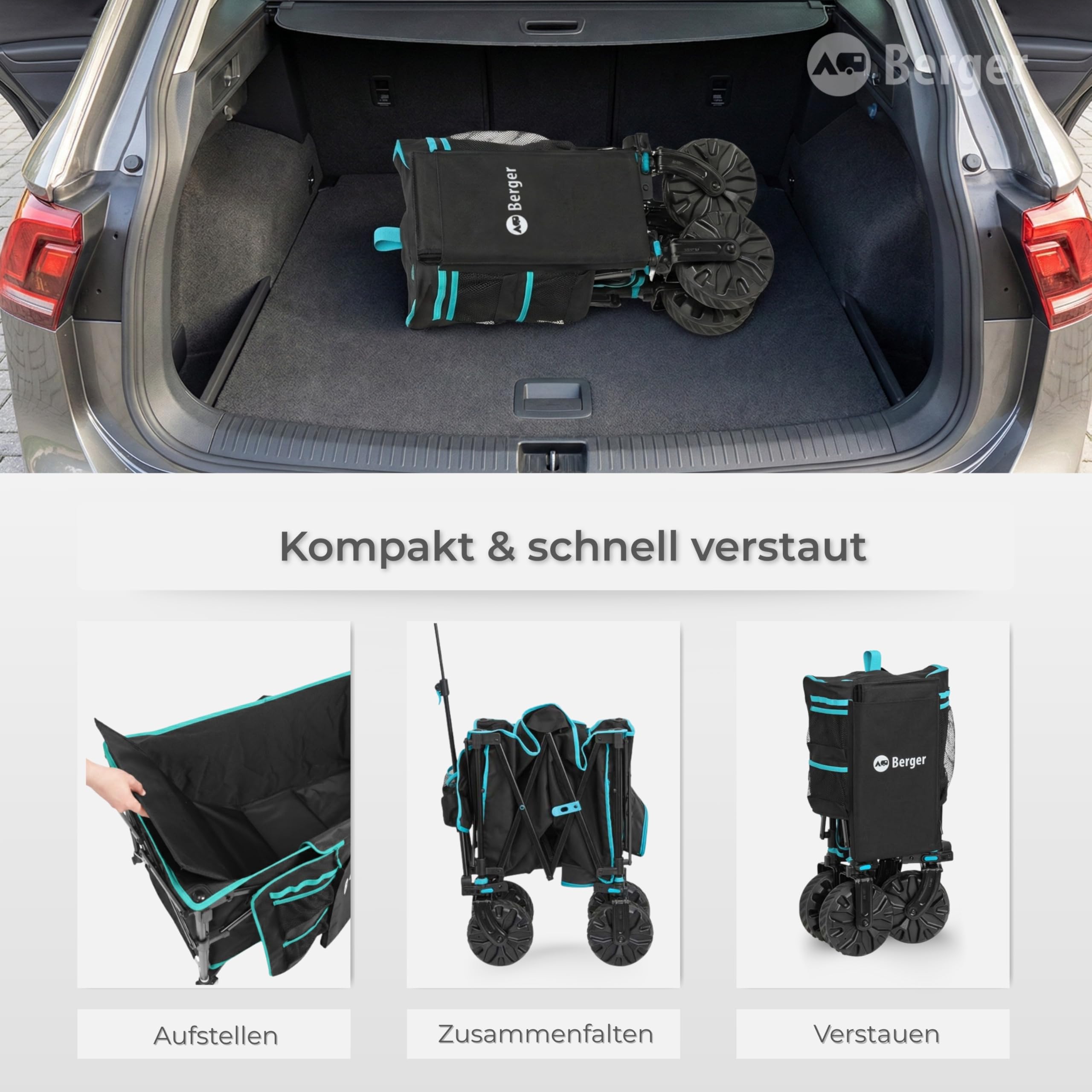 BERGER Waimea Offroad Bollerwagen | Transportwagen klappbar mit verstellbarem Griff & 360° drehbare Vorderräder | Handwagen für Gelände Outdoor Camping Einkaufen