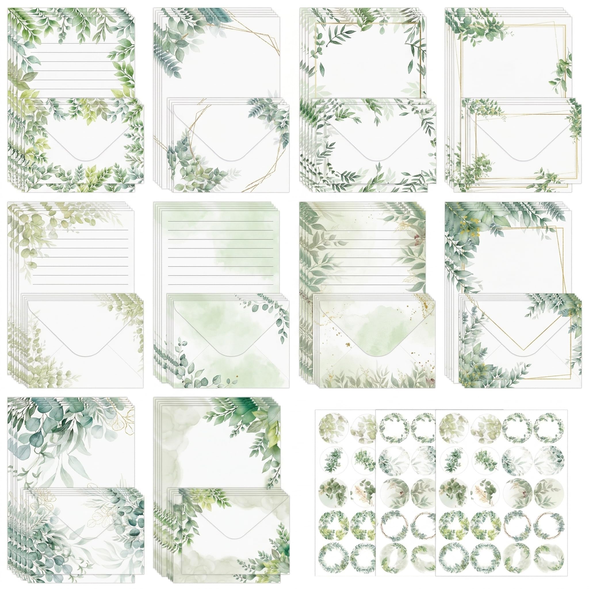 Hnycsir 160 Pcs Aesthetic Stationery Set, Lined Letter Writing Paper and Envelopes Set with Stickers (10 Designs), Creative Writing Kit for Penpals, Invitations & Greetings (Green Leaves)